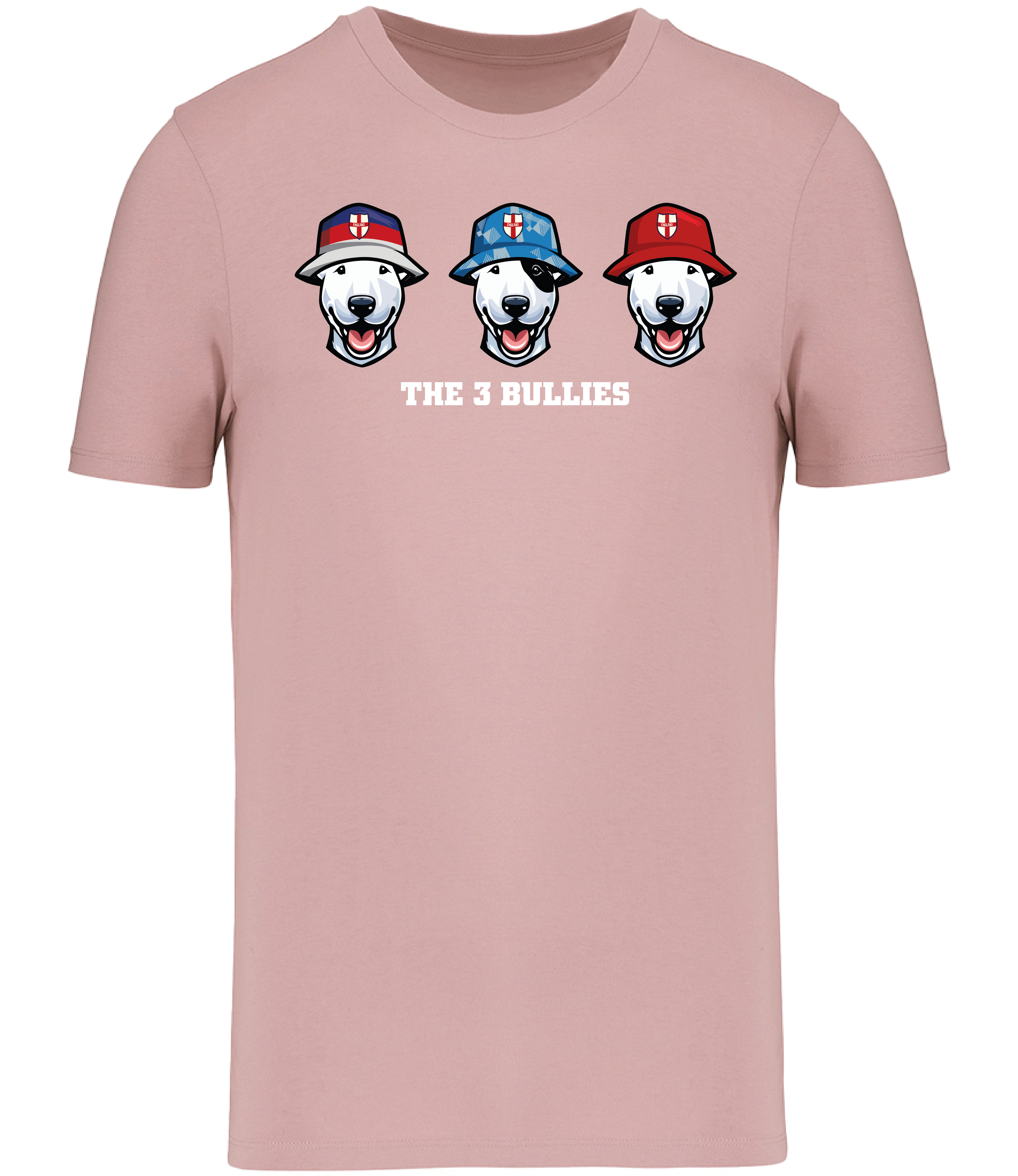Pink T-shirt printed with 3 English Bull Terrier Heads wearing Bucket hats decorated with St Georges flags and The 3 Bullies written underneath