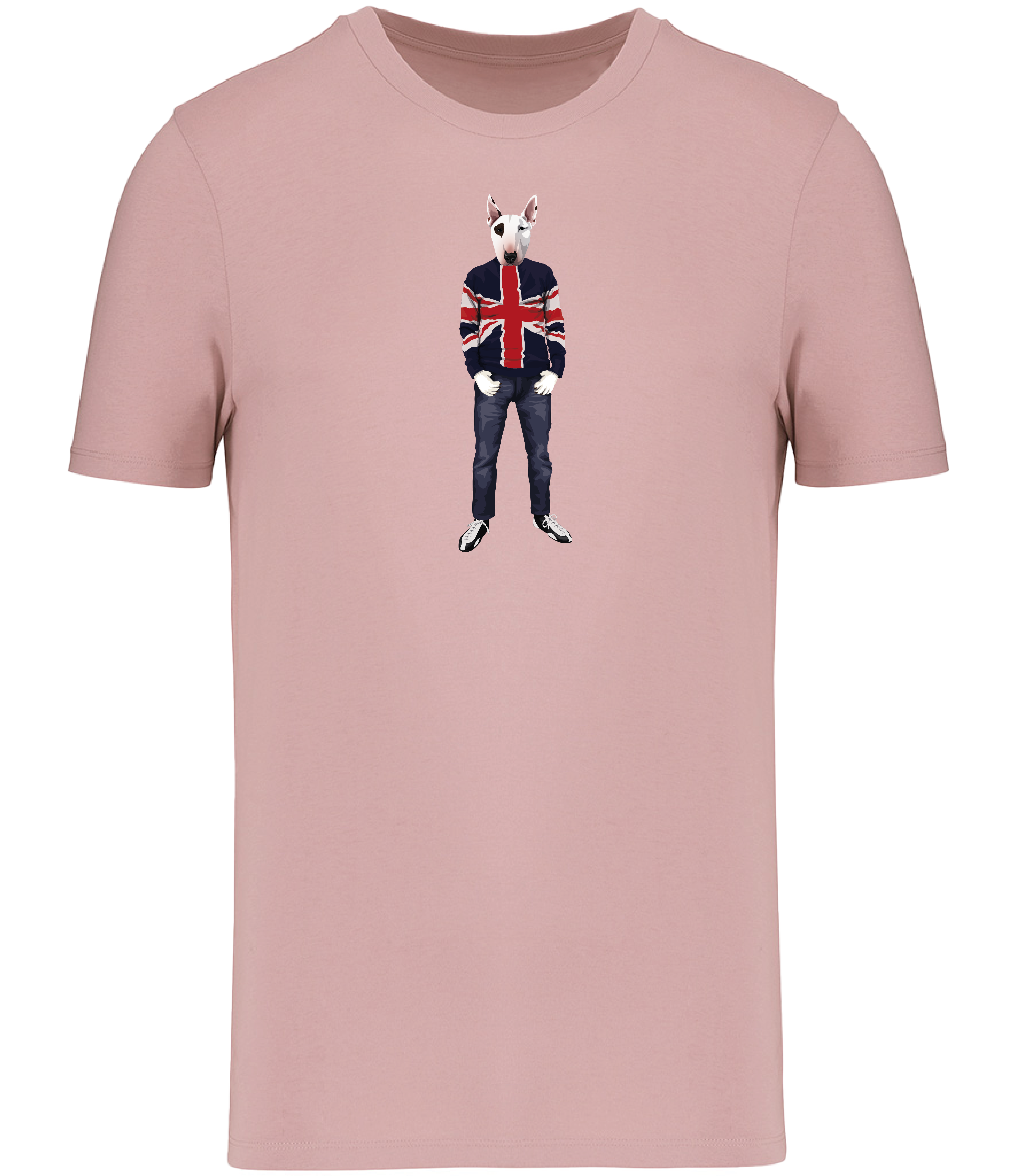 Rose Pink T-shirt printed with an English Bull Terrier Dog with an eye patch wearing a Union Jack jumper, jeans and trainers