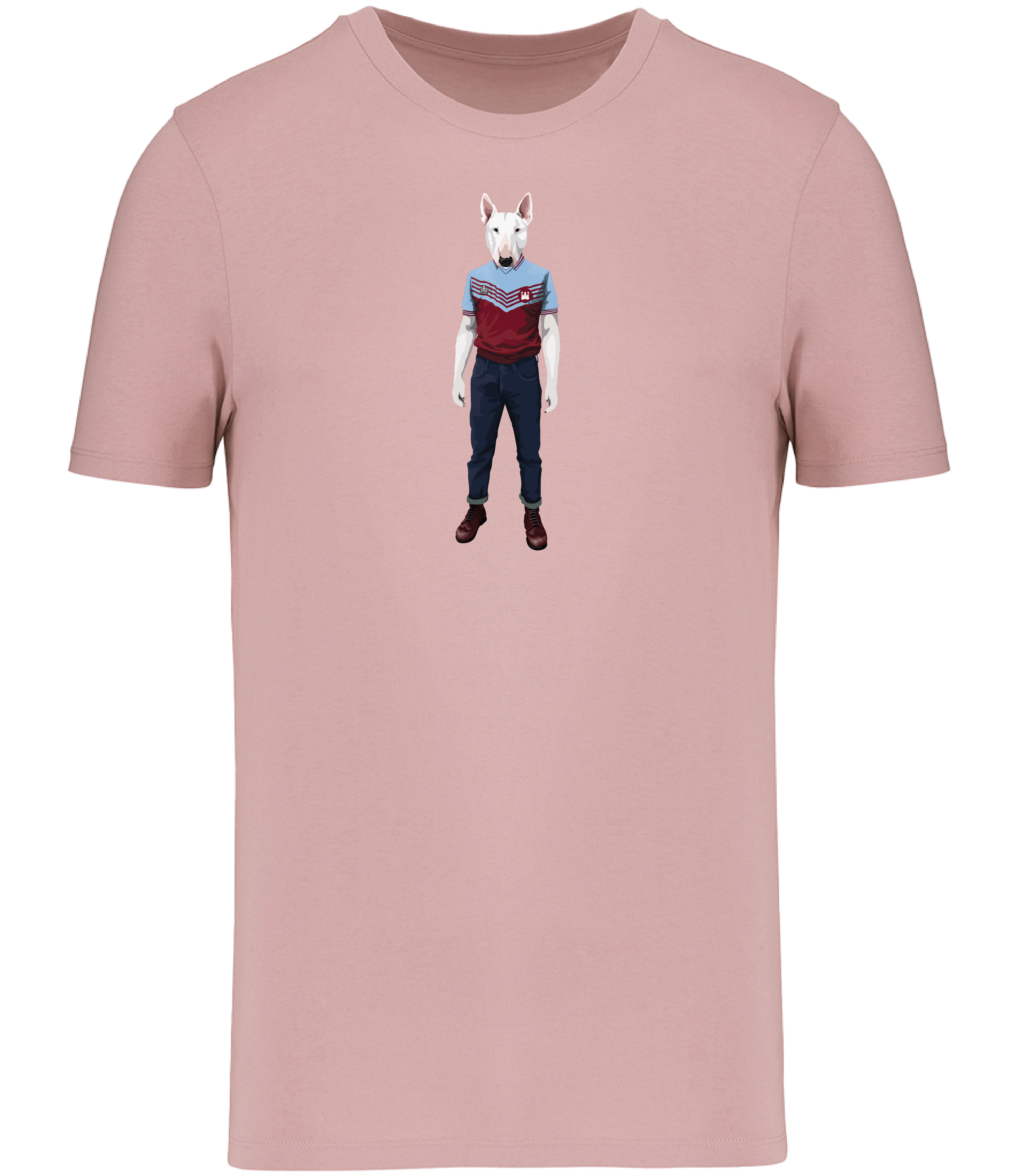 Rose Pink T-shirt printed with an English Bull Terrier Dog wearing a West Ham Football Top, Jeans and Boots