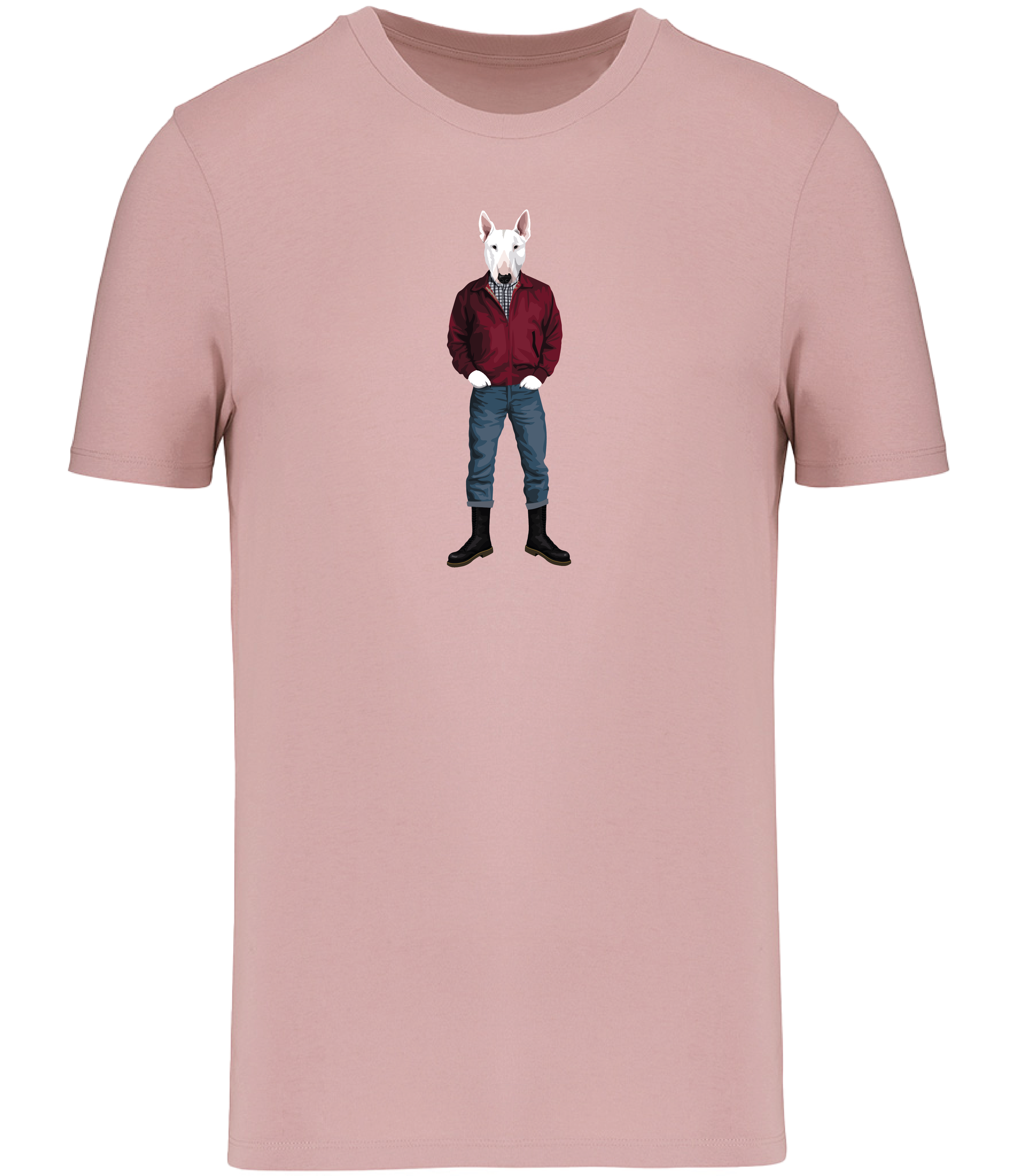 Rose Pink T-shirt printed with an English Bull Terrier Dog wearing a red jacket, rolled up jeans and boots