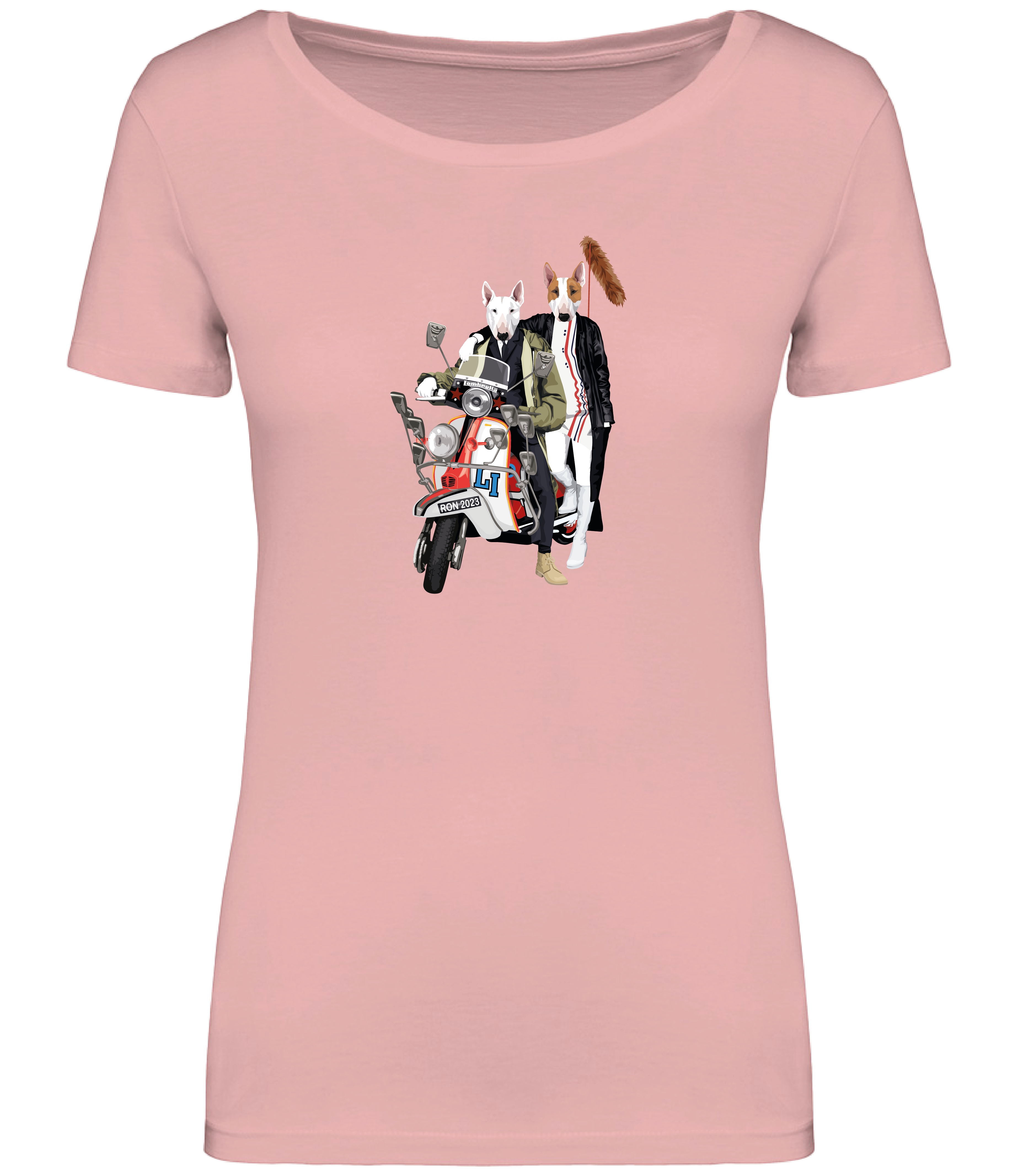 Rose Pink T-shirt printed with 2 English bull terrier dogs wearing trendy clothes riding a red and white scooter with fox tail on the back