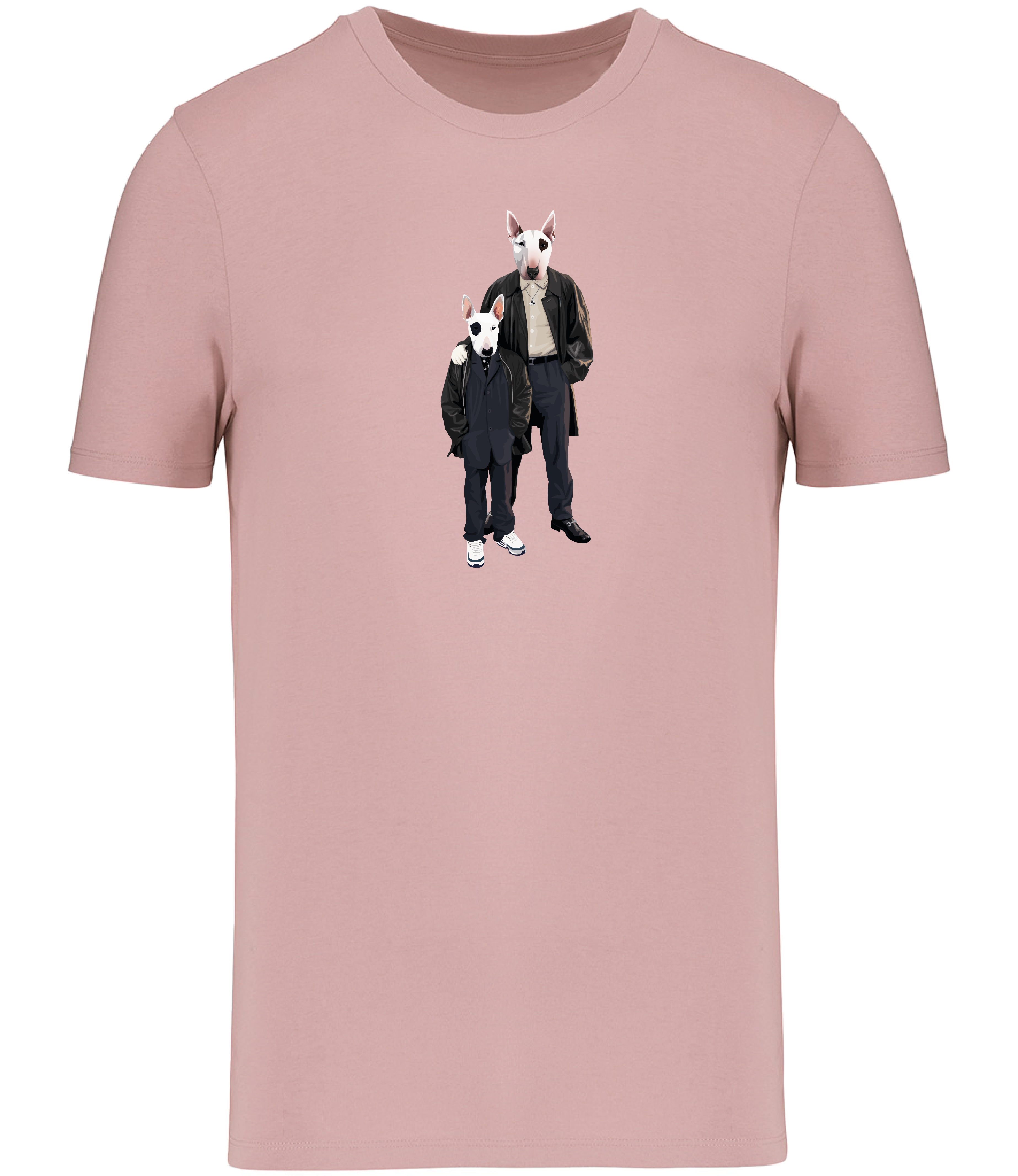 Rose Pink T-shirt printed with an adult and boy English Bull Terrier Dogs wearing suits and leather jackets