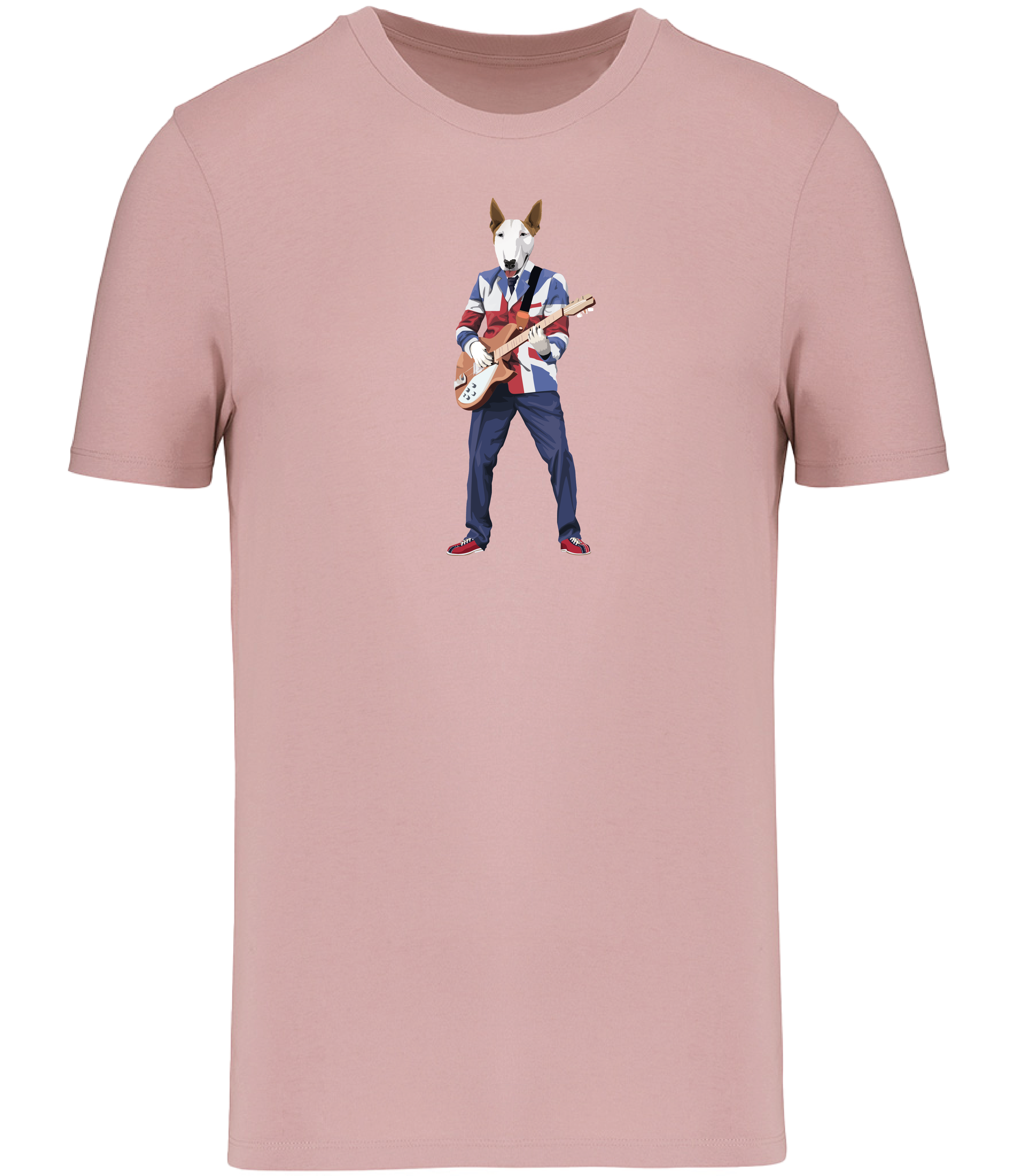 Rose Pink T-shirt printed with an English Bull Terrier Dog wearing a Union Jack jacket playing a guitar