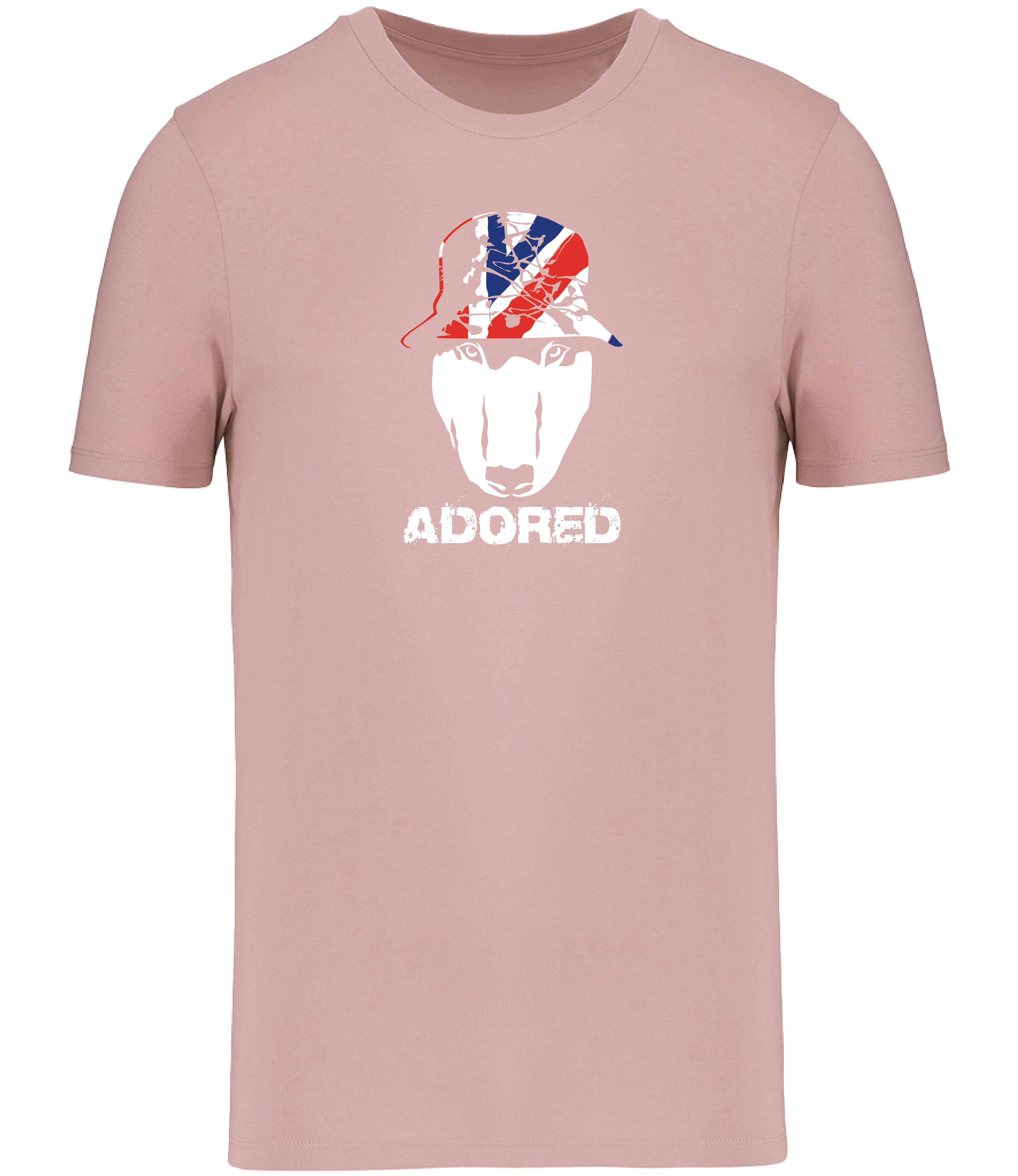 Pink colour t-shirt with short sleeves and a crew neckline featuring an English Bull Terrier face design wearing a union jack hat and the word Adored underneath