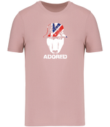 Rose colour t-shirt with short sleeves and a crew neckline featuring an English Bull Terrier face design wearing a union jack hat