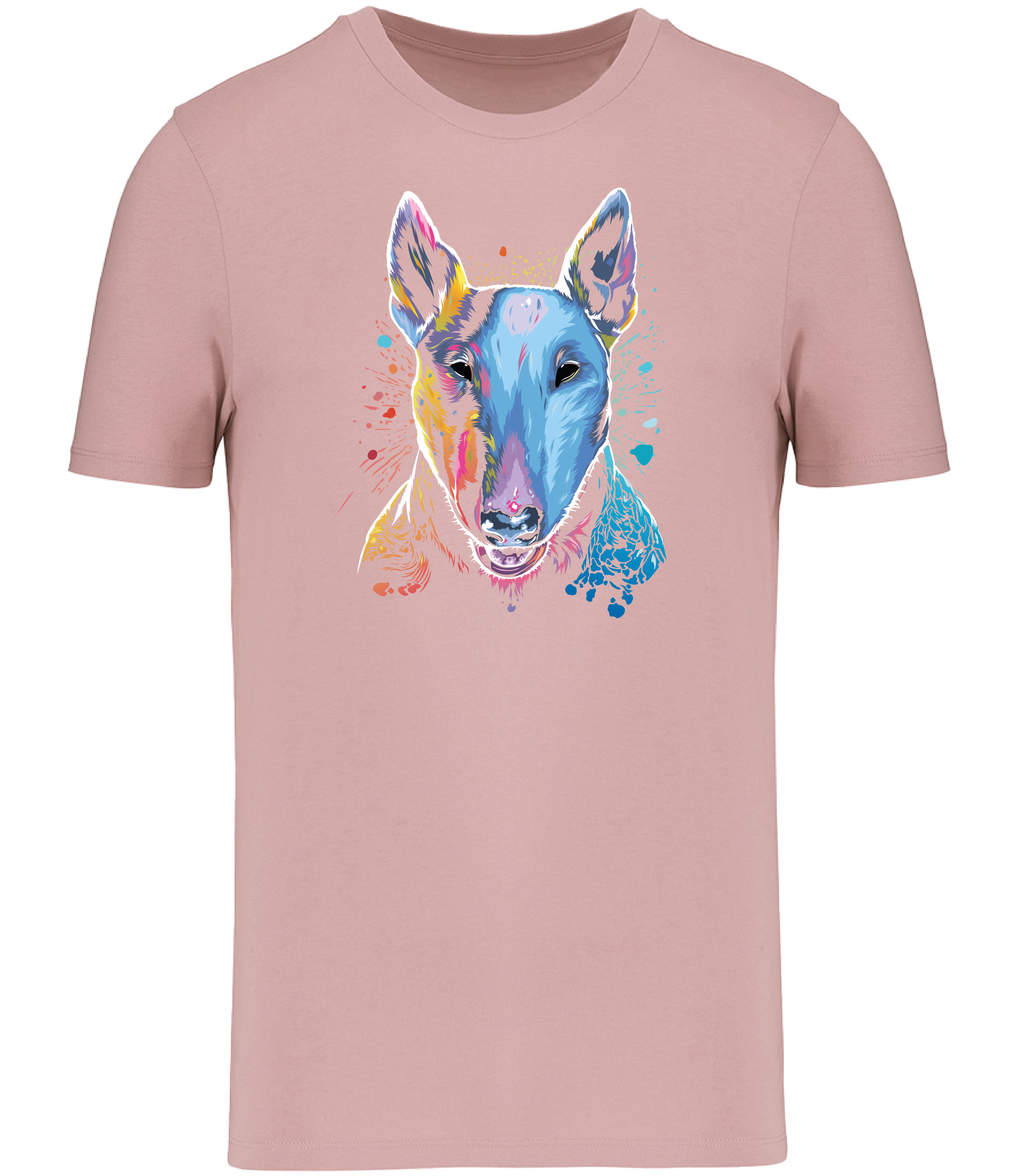 Rose pink T-shirt printed with an English Bull Terrier Dog face in bright colours and paint splashes 