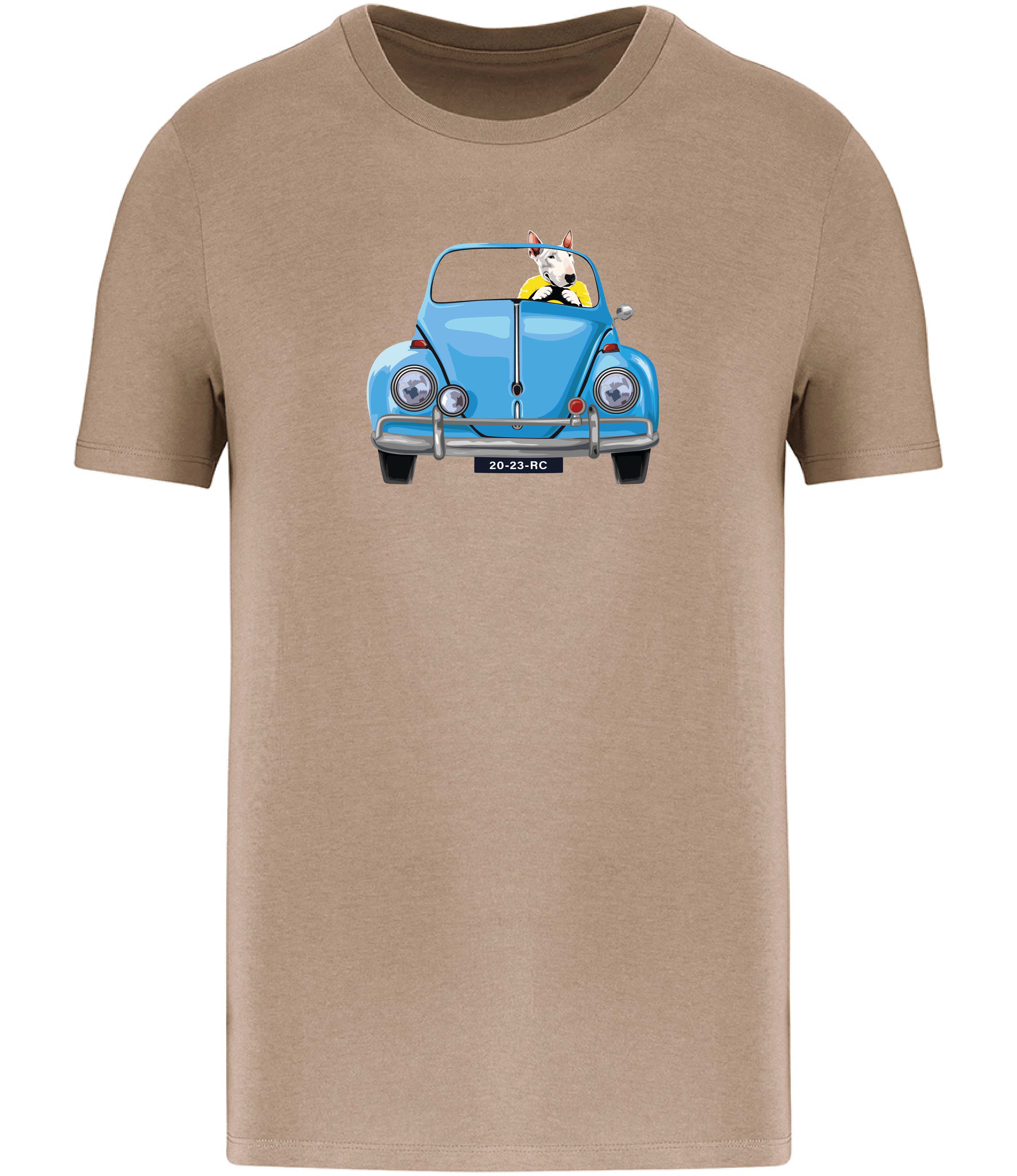 Sand Brown T-shirt printed with an English Bull Terrier Dog wearing a yellow top driving a Blue Beetle Car