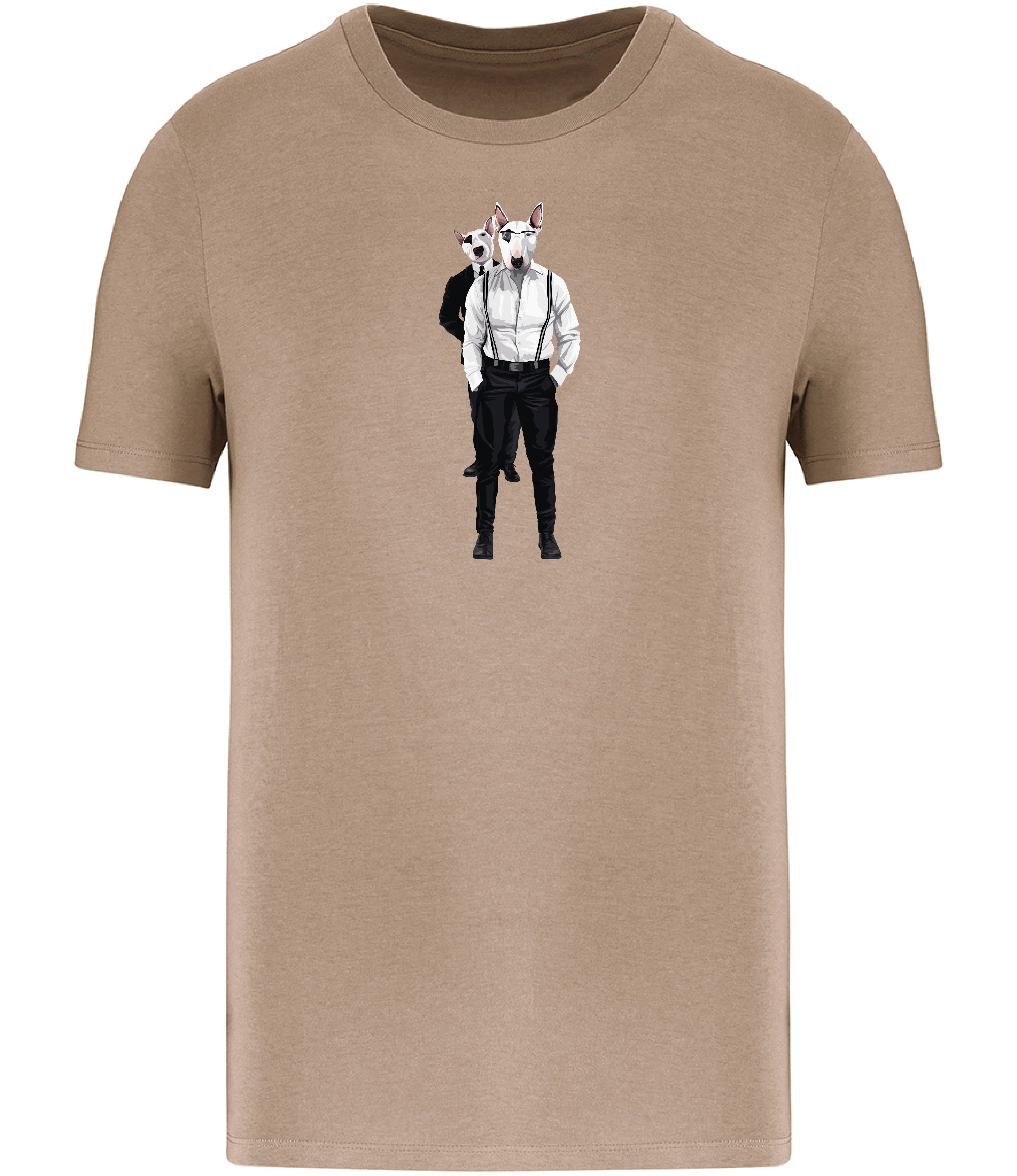 Beige T-shirt printed with 2 English Bull Terriers wearing suits and braces. One wearing glasses and the other one is looking over his shoulder.
