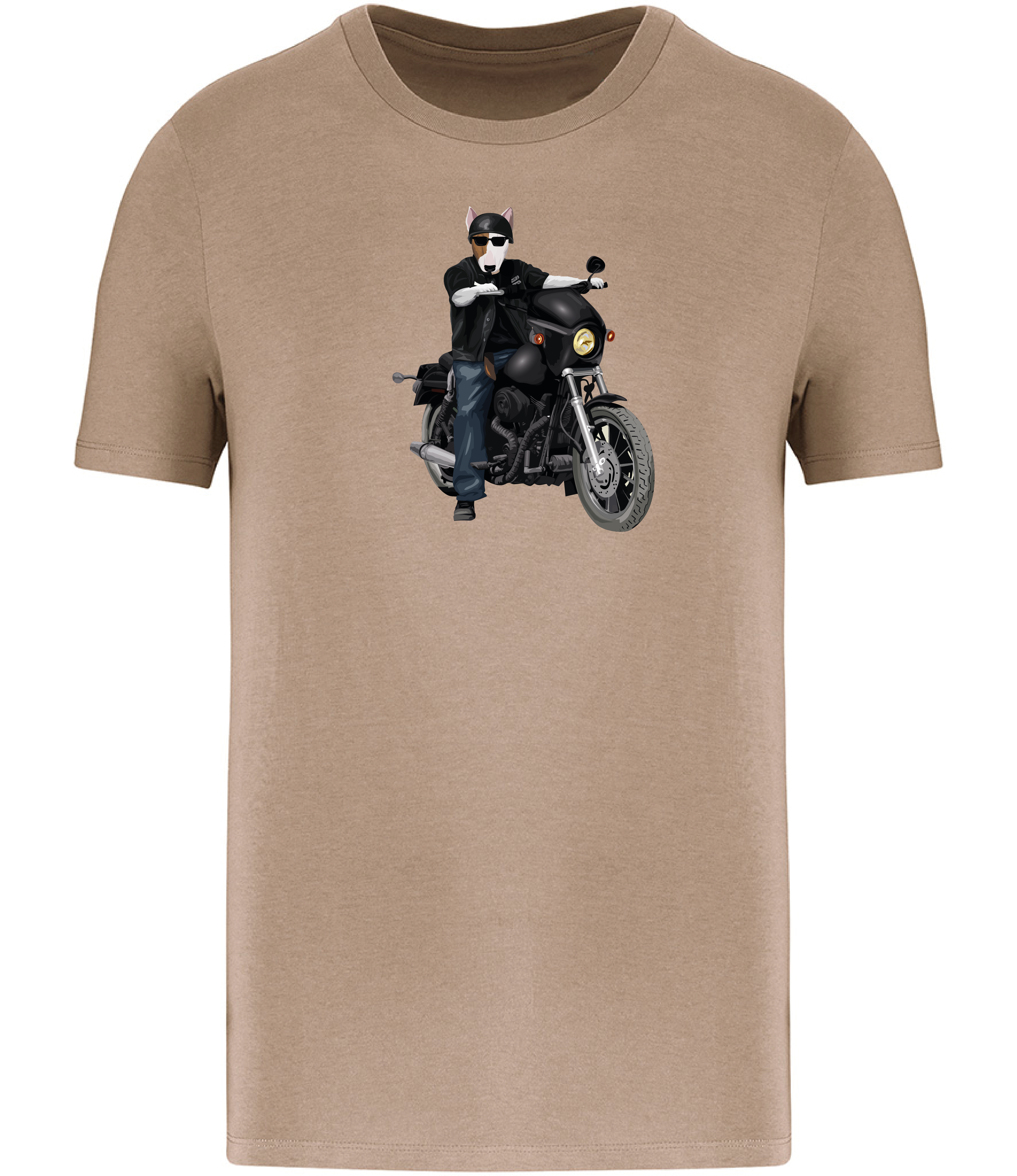 Beige T-shirt printed with an English Bull Terrier Dog riding a motorbike wearing a helmet