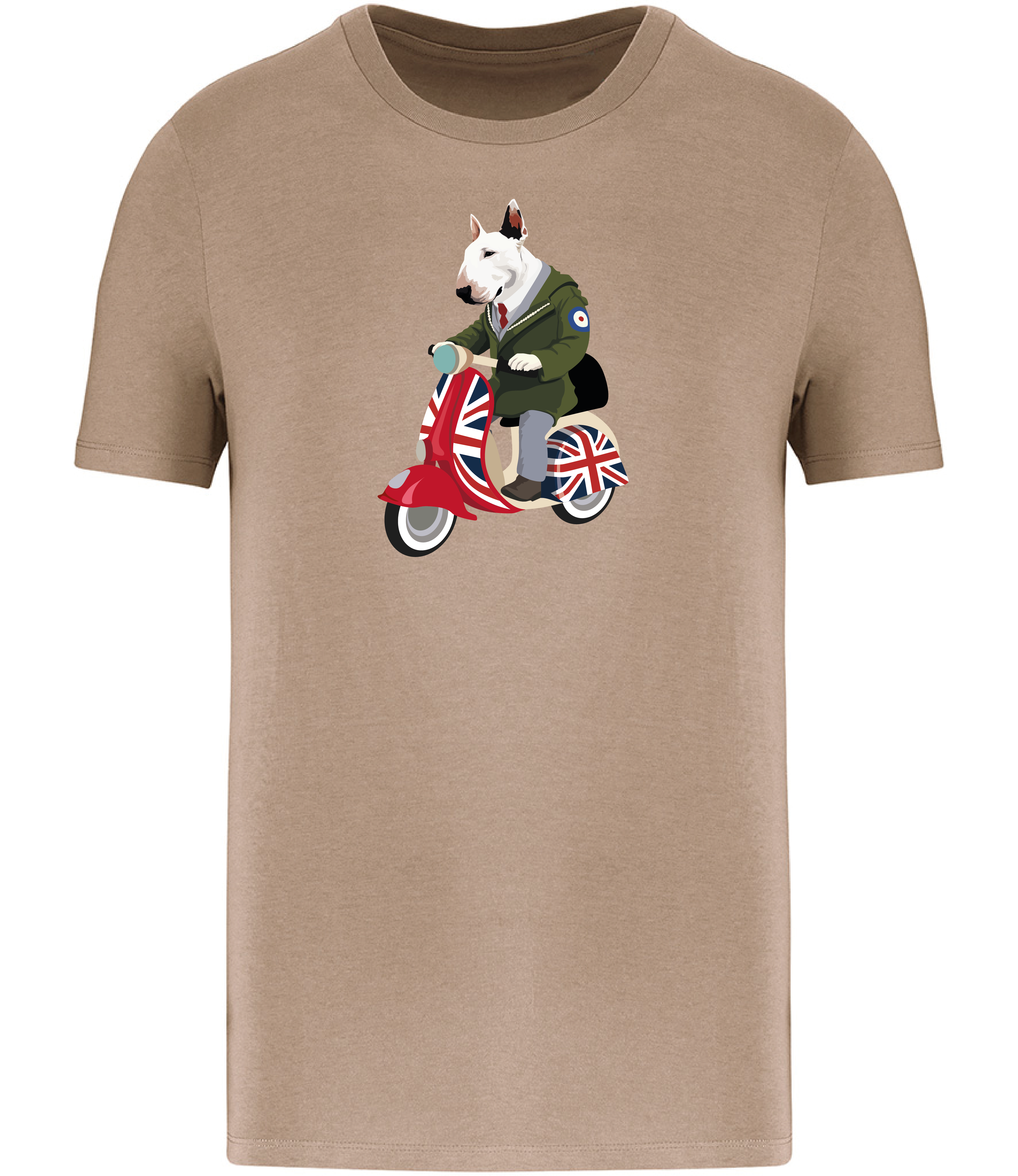 Sand Brown T-shirt printed with and English Bull Terrier Dog wearing a parka coat riding a scooter painted in Union Jack colours