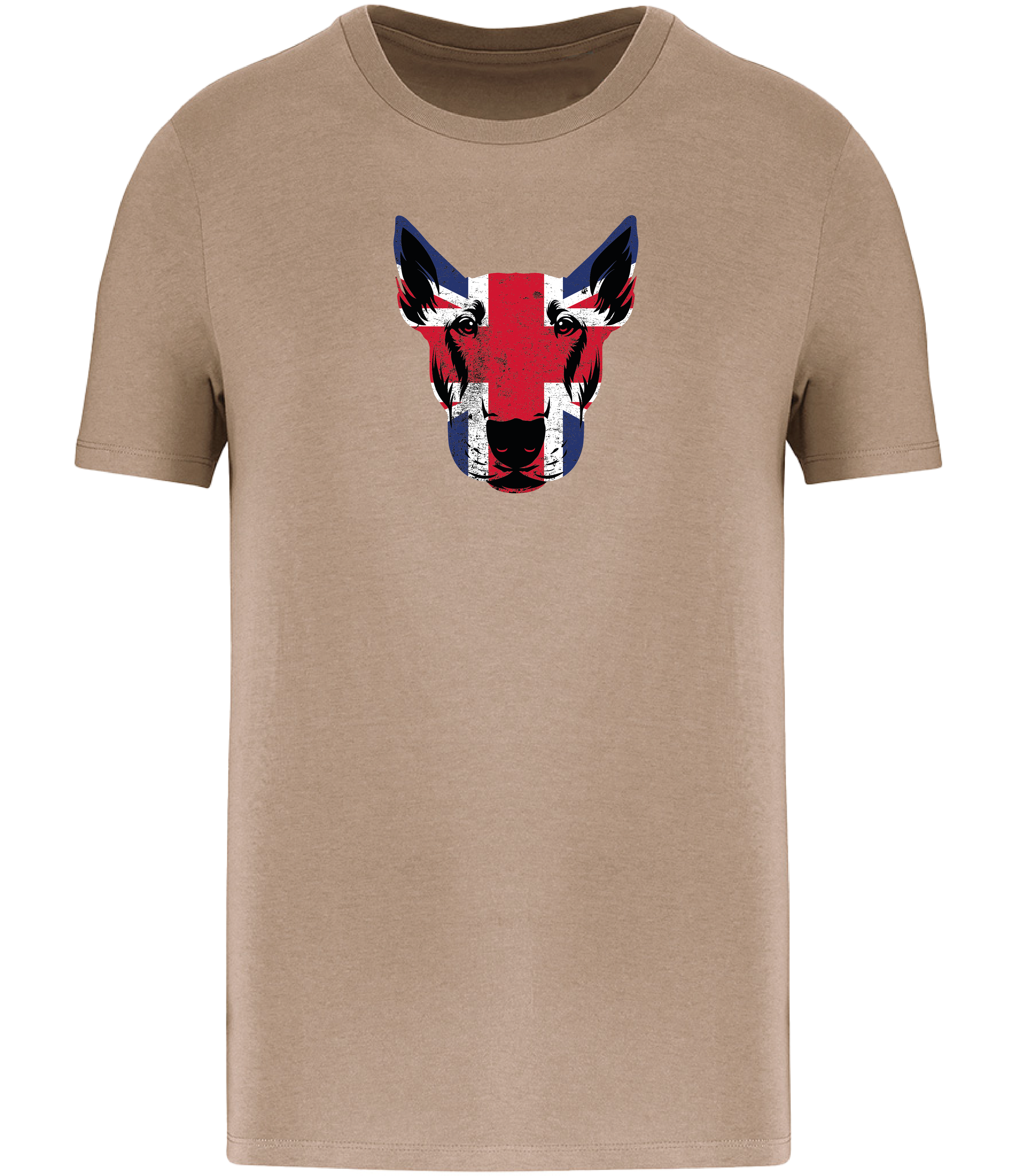 Sand Brown T-shirt printed with and English Bull Terrier Face covered in Union Jack Colours