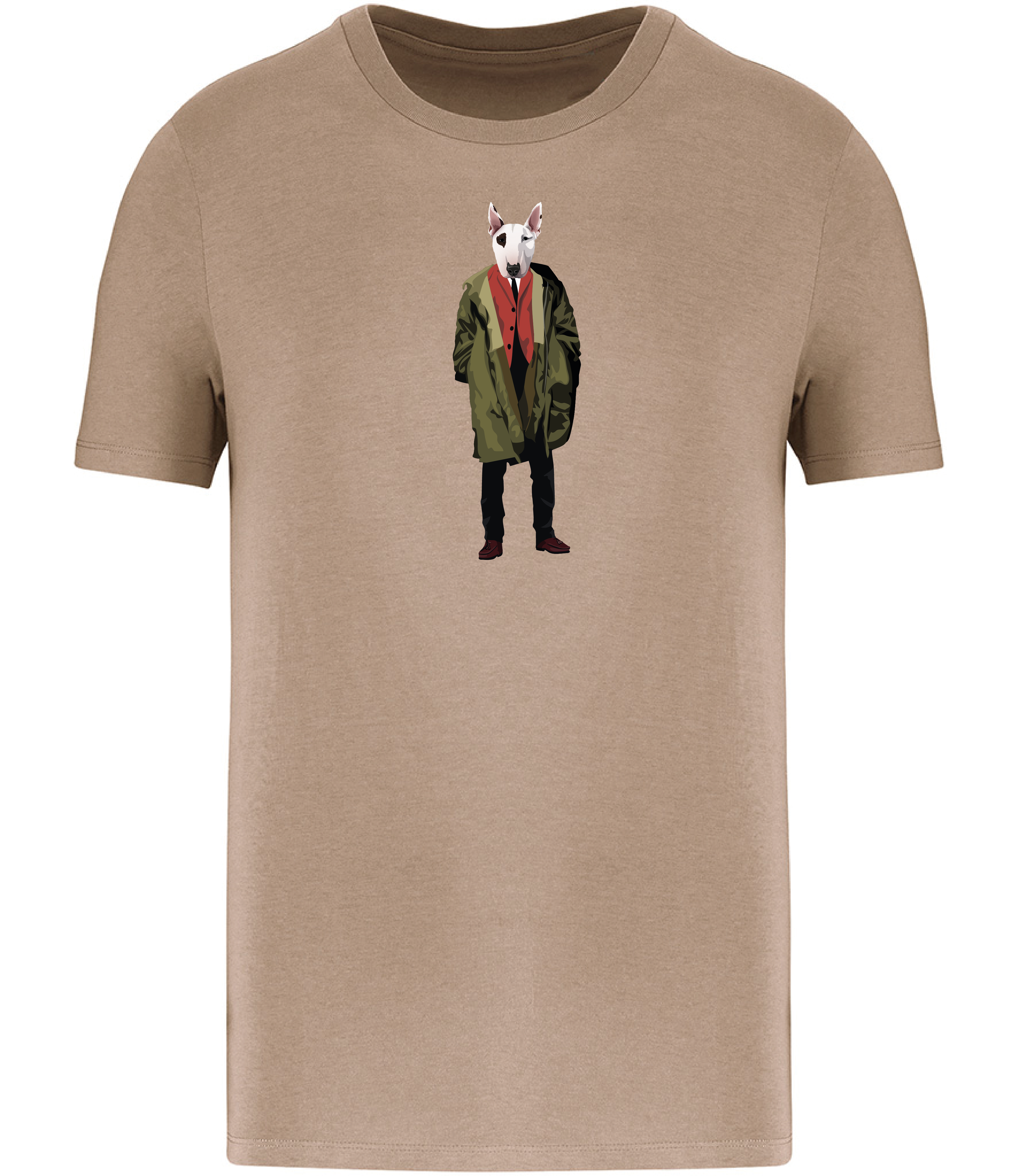Sand Bronw T-shirt printed with English Bull Terrier Dog wearing a green Parka Jacket and red waistcoat