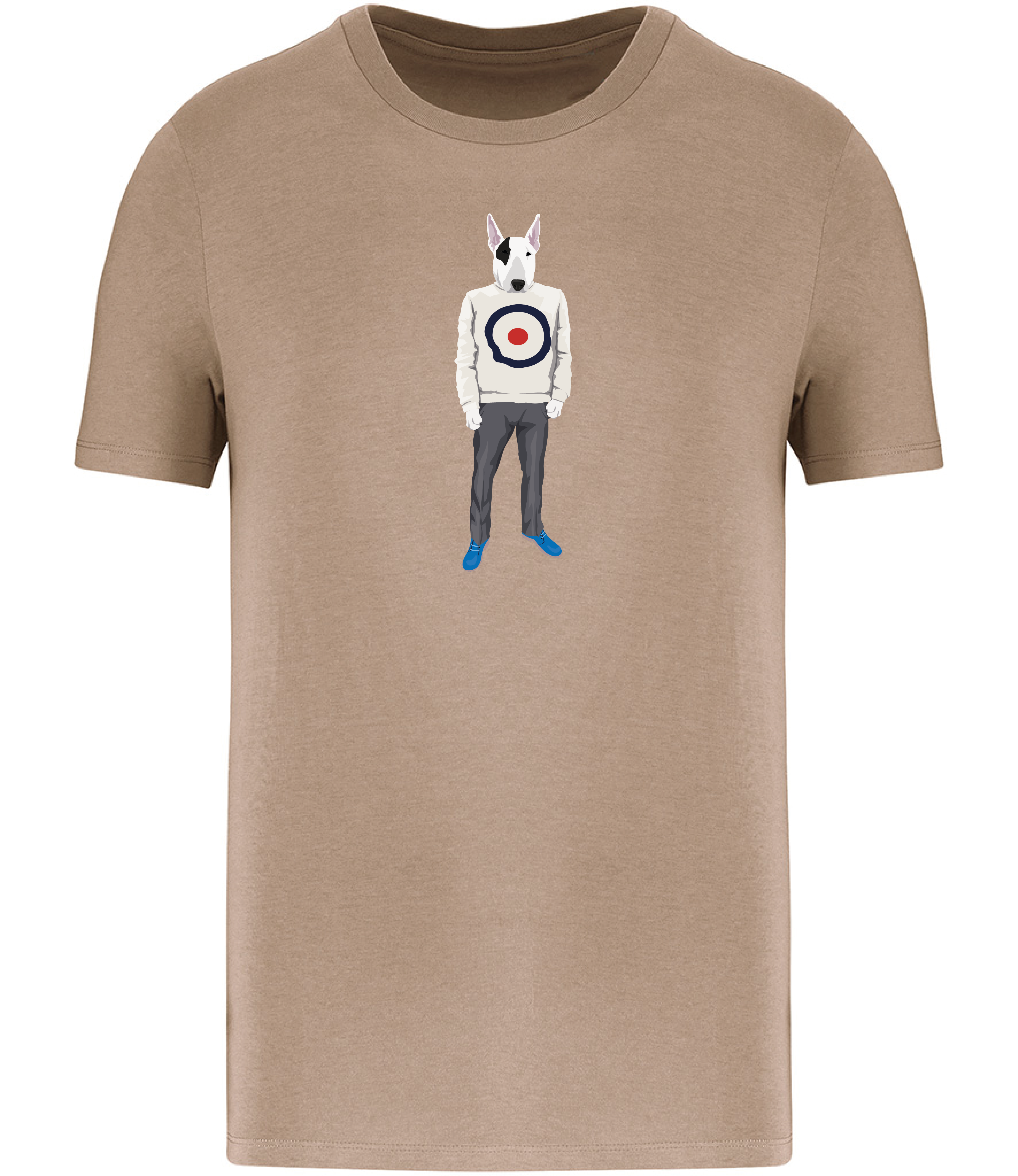 Sand Brown T-shirt Printed with an English Bull Terrier Dog wearing a jumper with a target on it, grey trousers and blue shoes