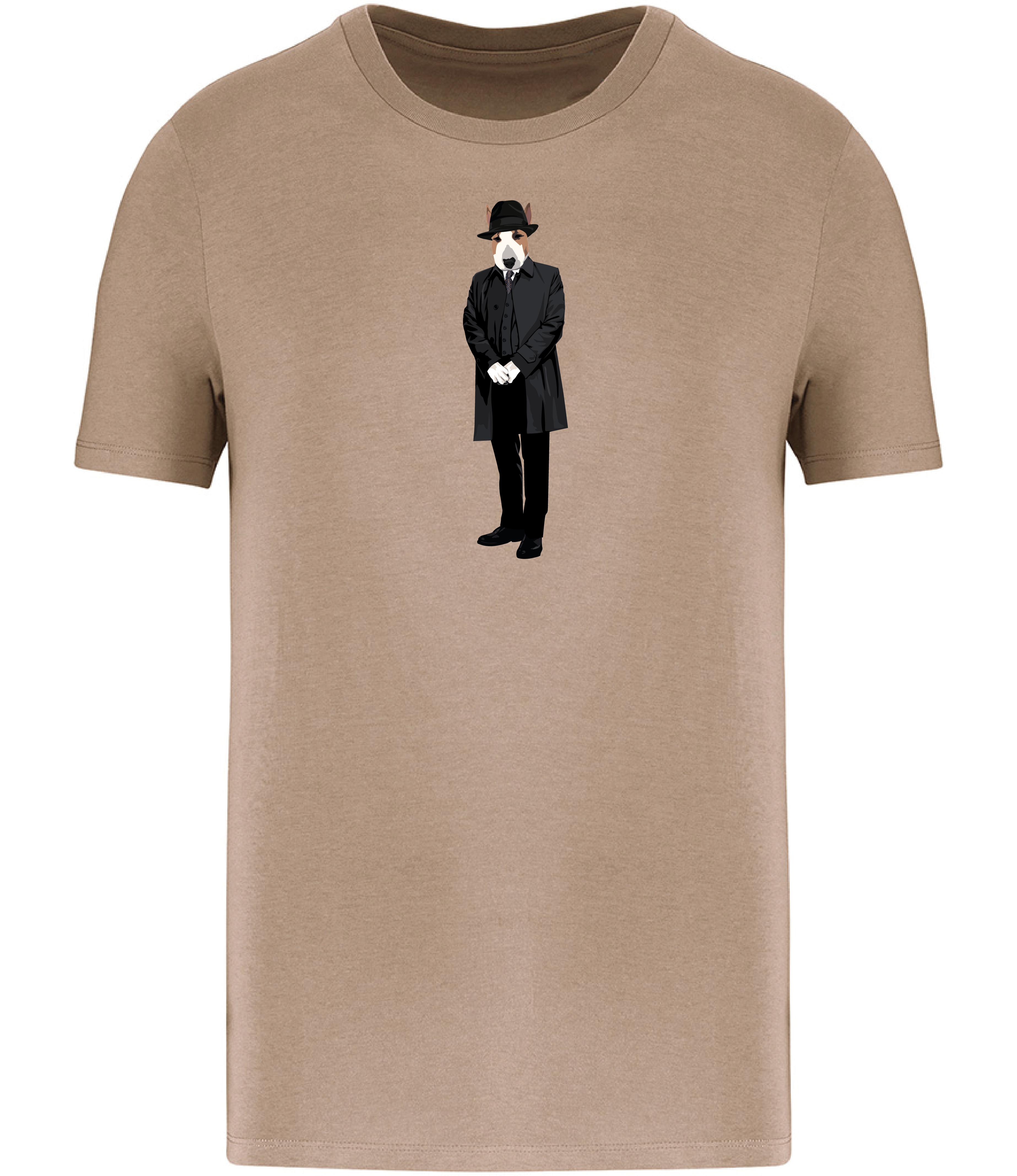 Sand Brown T-shirt English Bull Terrier Dog dressed in a hat and long grey trench coat