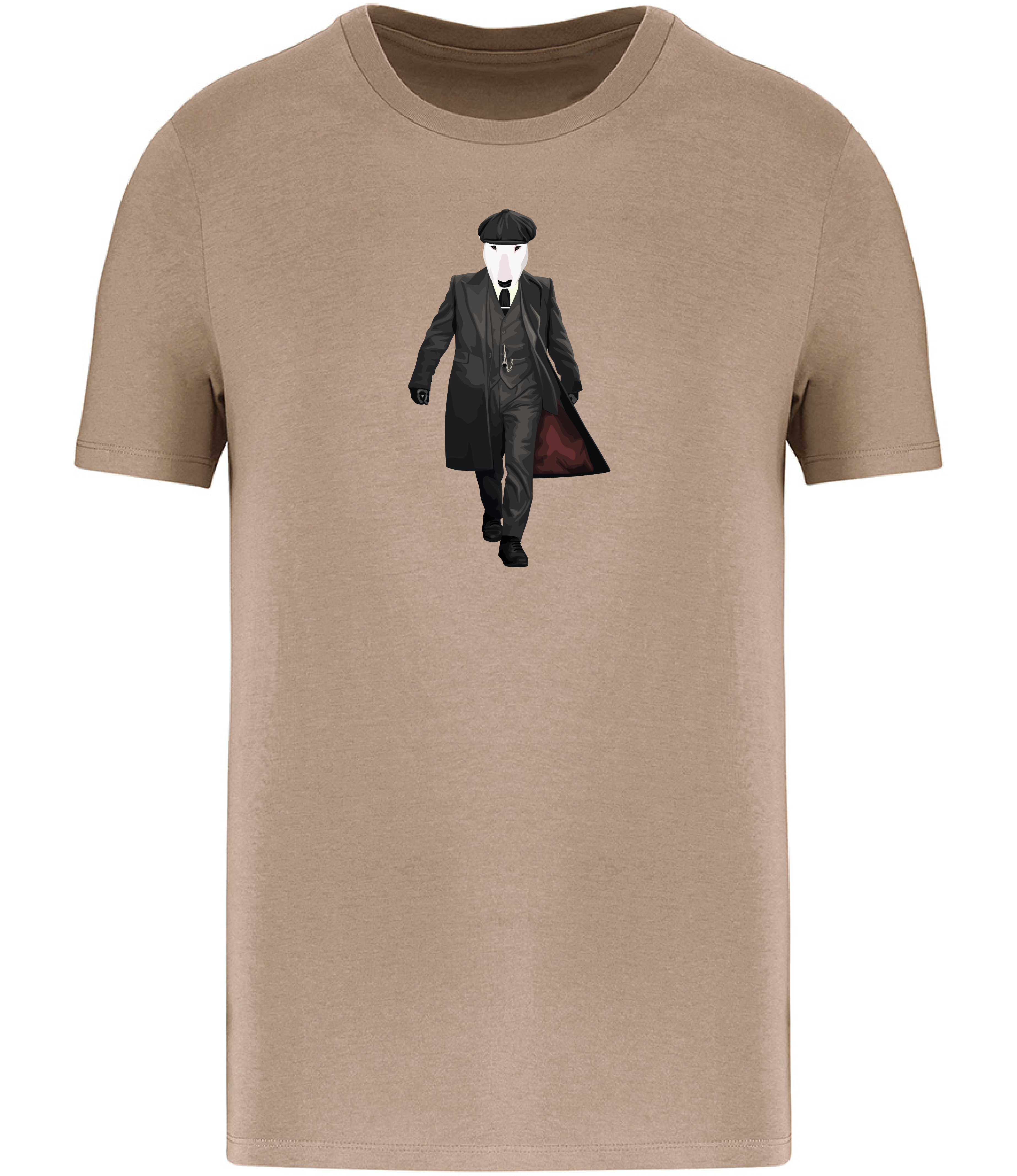 Sand Brown T-shirt printed with an English Bull Terrier Dog dressed as the character Thomas Shelby from the TV series Peaky Blinders