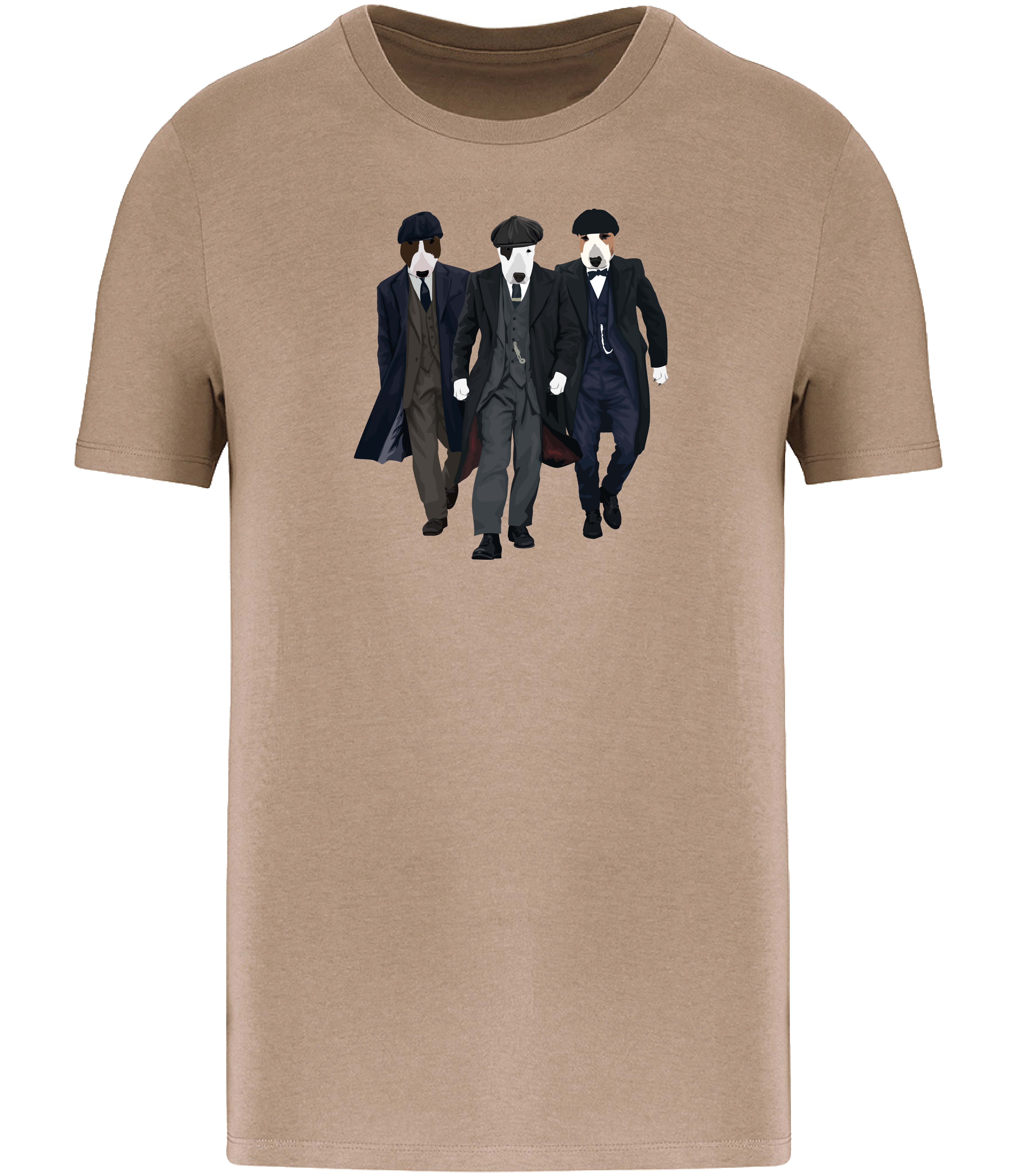 Sand Brown T-shirt printed with 3 English Bull Terrier Dogs dressed as the characters from the TV series Peaky Blinders