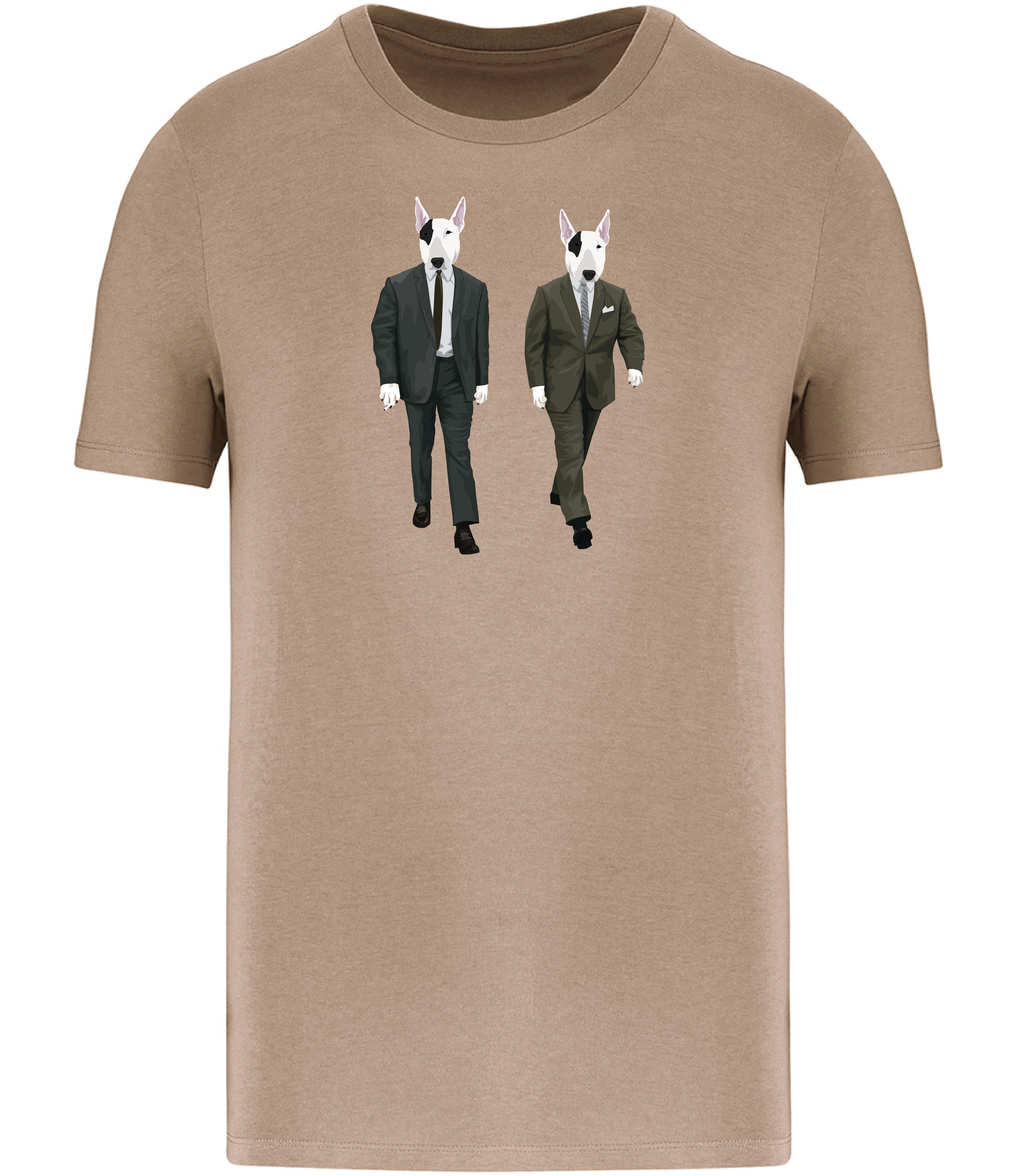 Sand Brown T-shirt printed with 2 identical looking English Bull Terrier Dogs wearing suits and ties