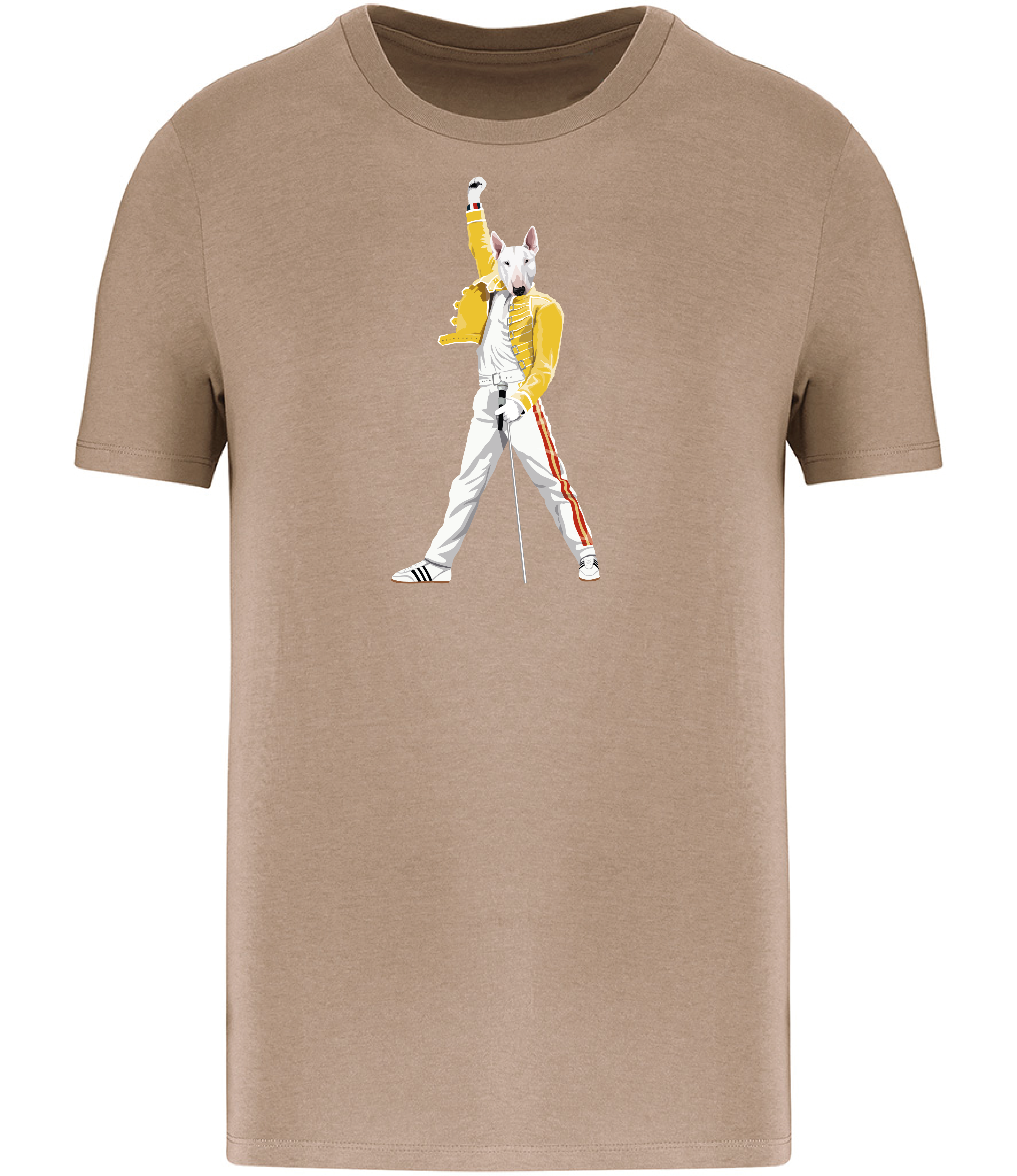 Sand Brown T-shirt printed with an English Bull Terrier Dog Dressed up like the pop Icon Freddie mercury holding a microphone