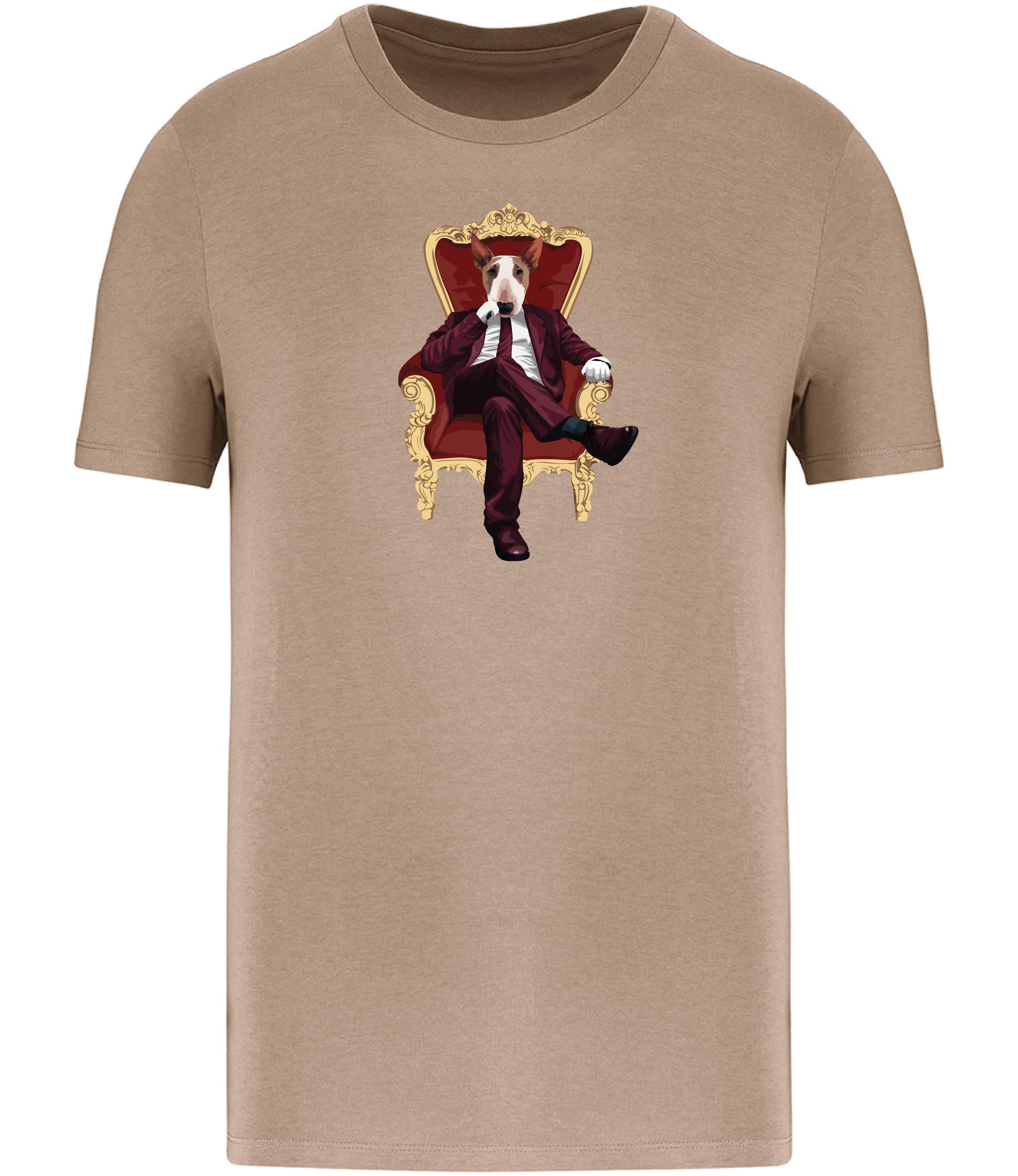 Sand Brown T-shirt printed with and English Bull Terrier Dog wearing a red suit and tie sitting in a big gold and red throne type chair