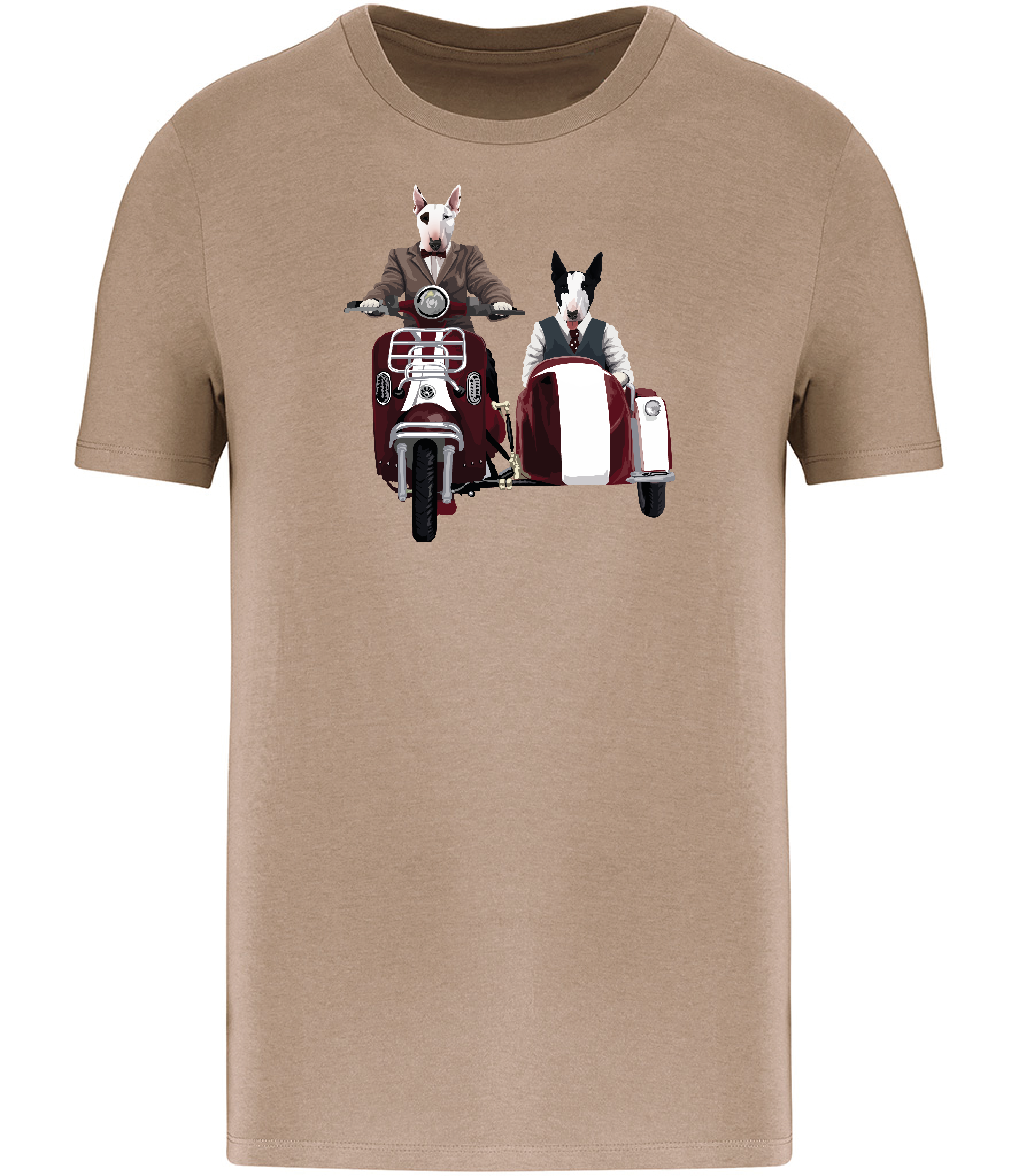 Sand Brown T-shirt printed with an English Bull Terrier riding a Motorcycle and side car and another English Bull Terrier riding in the sideca