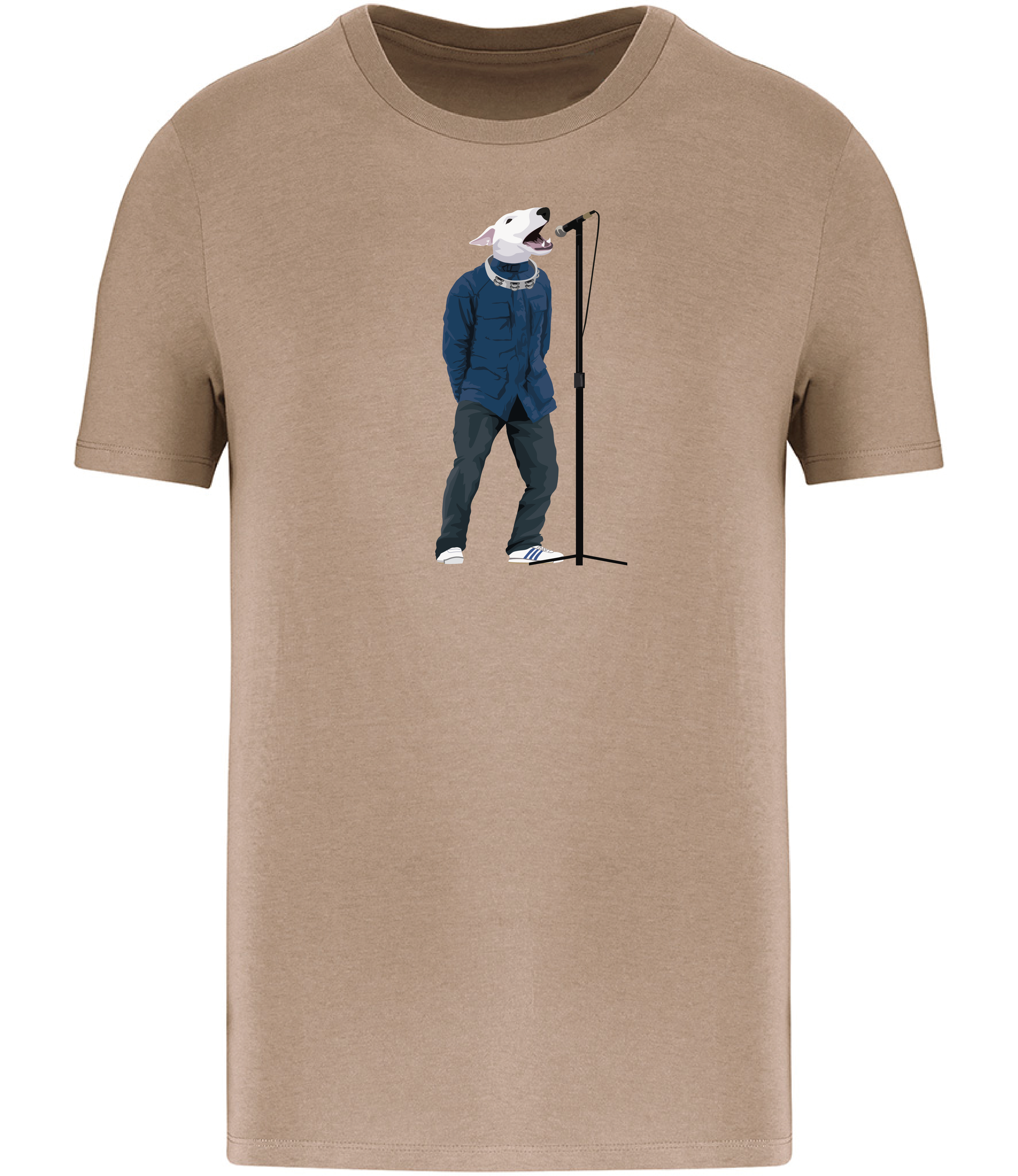 Sand Brown T-shirt printed with an English Bull Terrier Dog wearing a blue jacket, jeans and trainers. A tambourine round his neck singing into a microphone