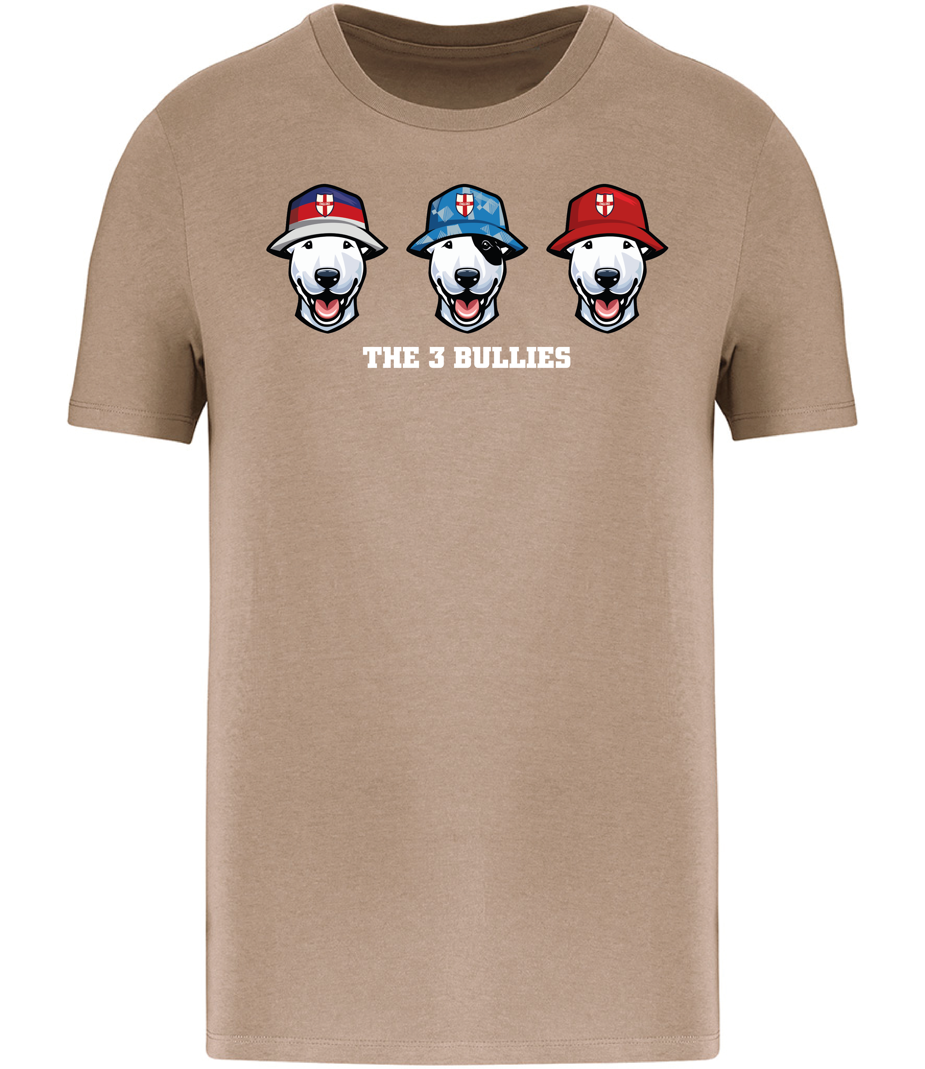 Sand Brow T-shirt printed with 3 English Bull Terrier Heads wearing Bucket hats decorated with St Georges flags and The 3 Bullies written underneath