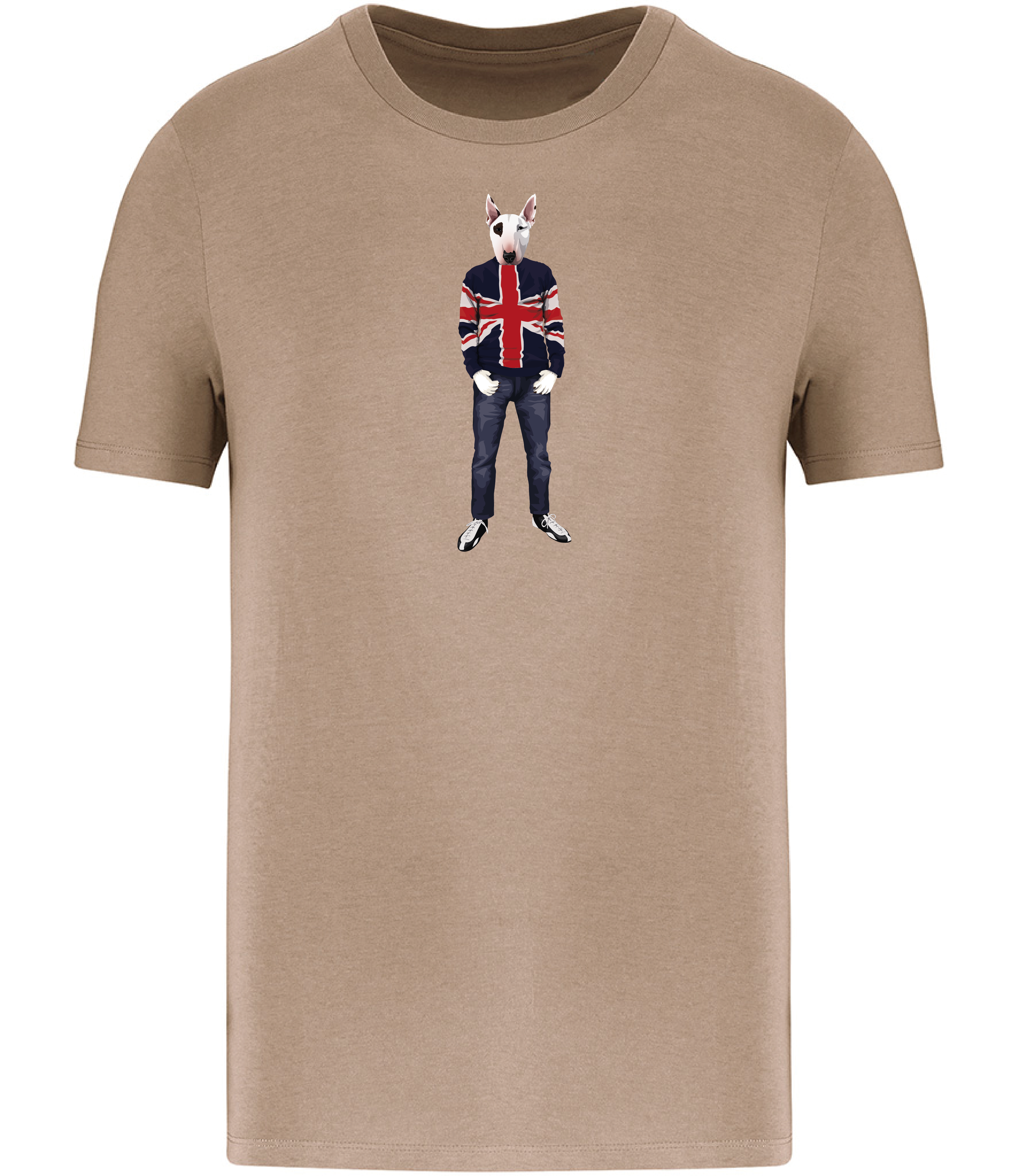 Sand Brown T-shirt printed with an English Bull Terrier Dog with an eye patch wearing a Union Jack jumper, jeans and trainers