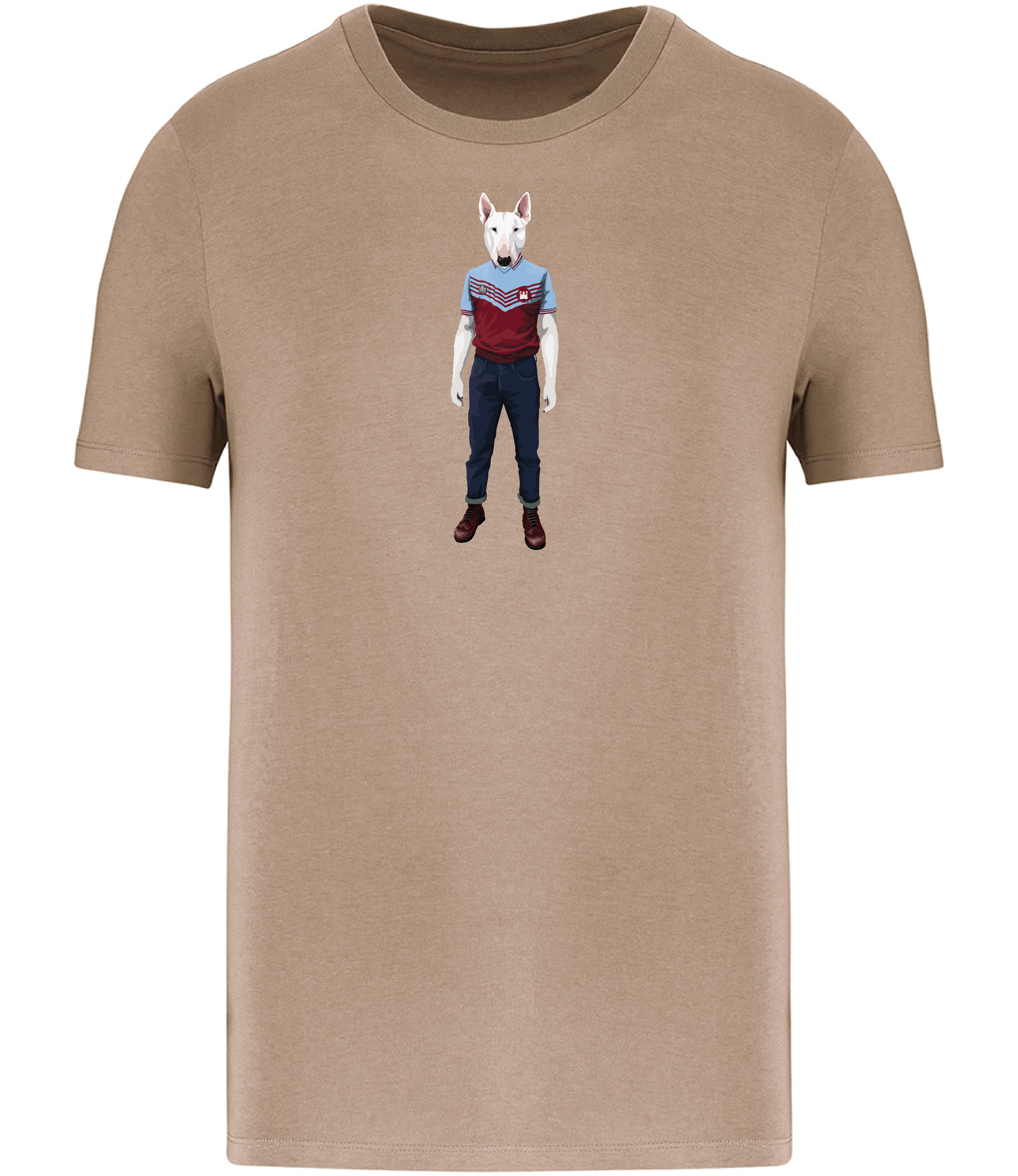 Sand Brown T-shirt printed with an English Bull Terrier Dog wearing a West Ham Football Top, Jeans and Boots