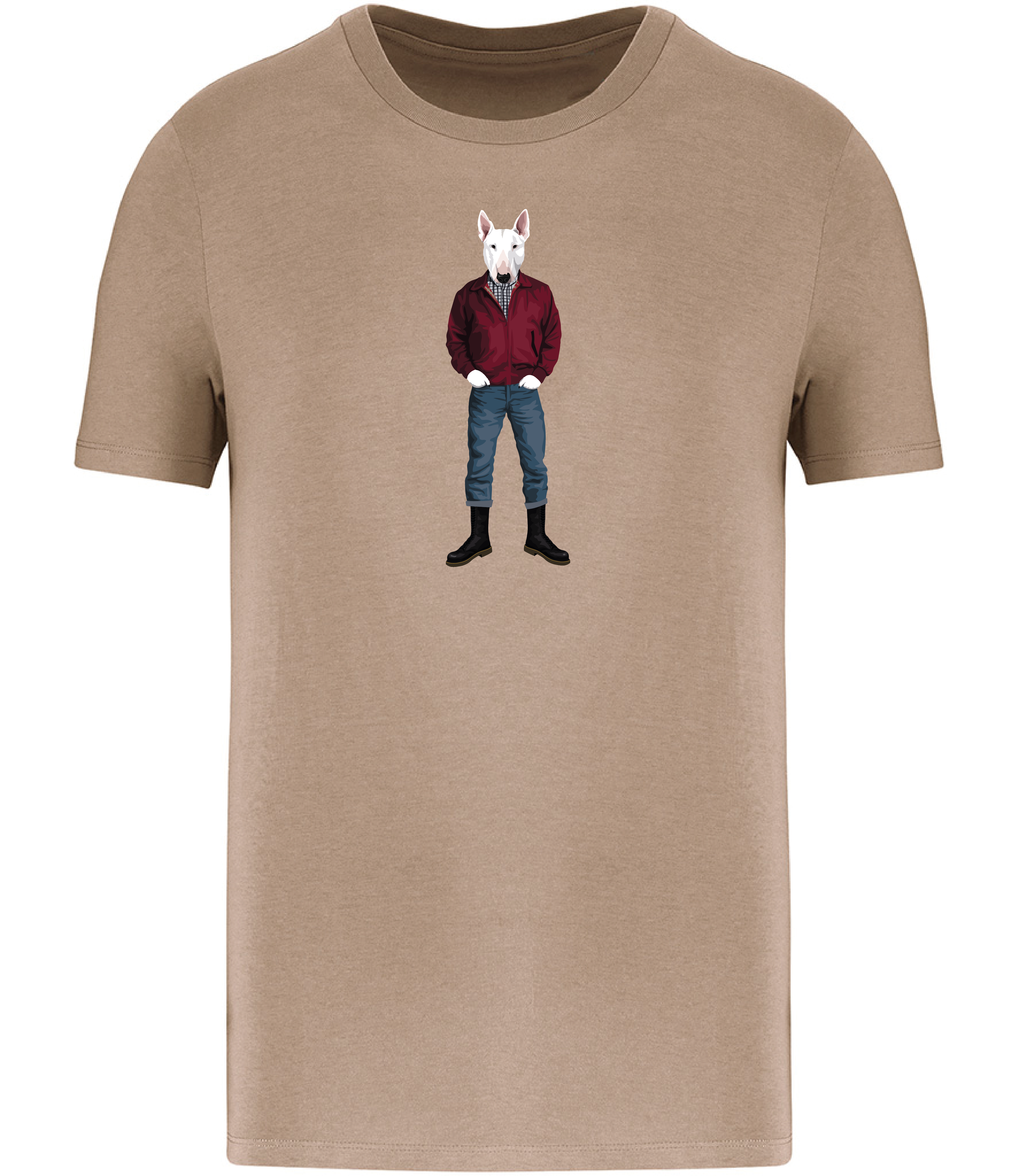 Sand Brown T-shirt printed with an English Bull Terrier Dog wearing a red jacket, rolled up jeans and boots