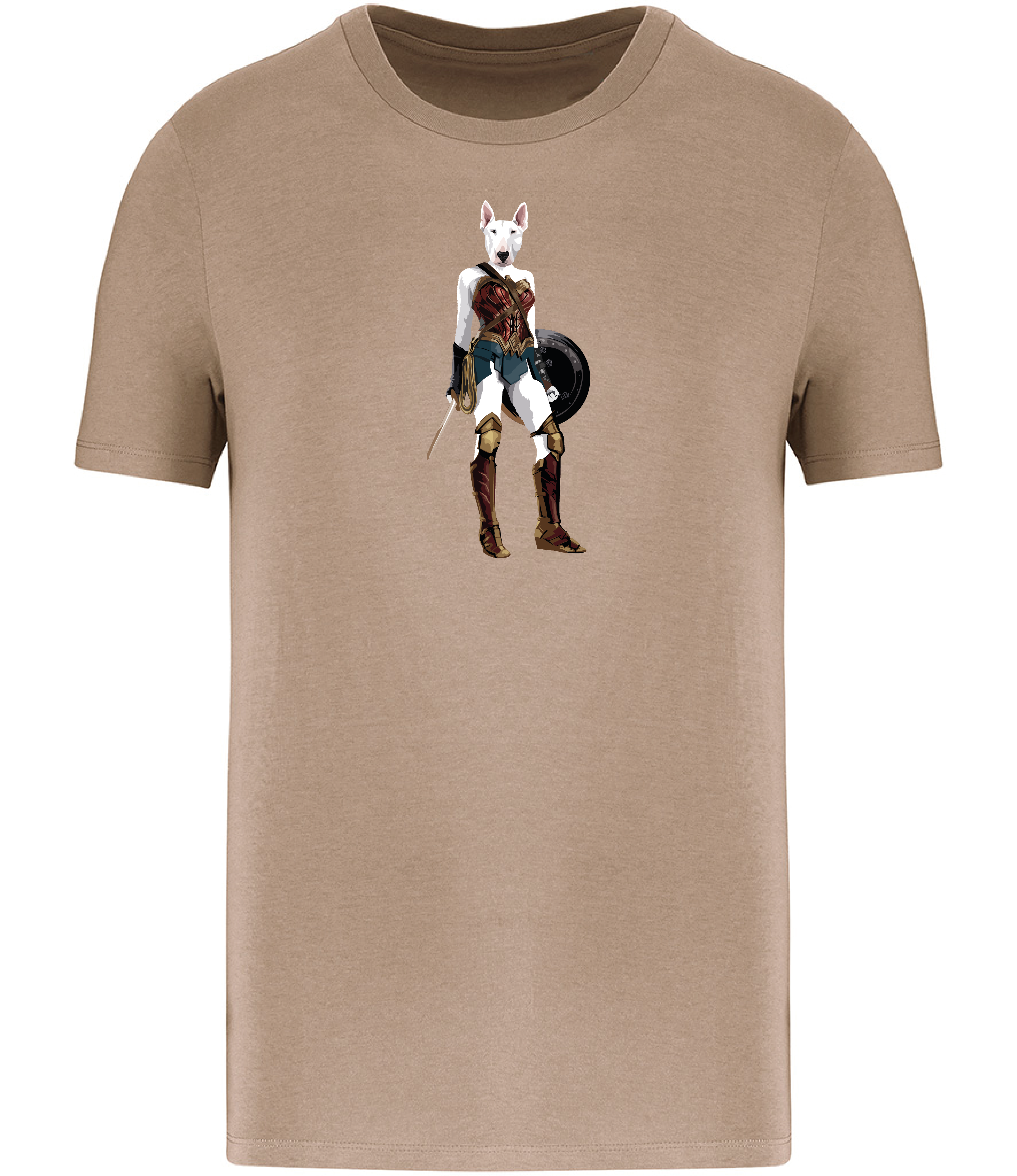 Ronnies Casuals Sand Brown T-shirt printed with an English Bull Terrier Dog dressed up as Wonder Woman holding a shield and sword