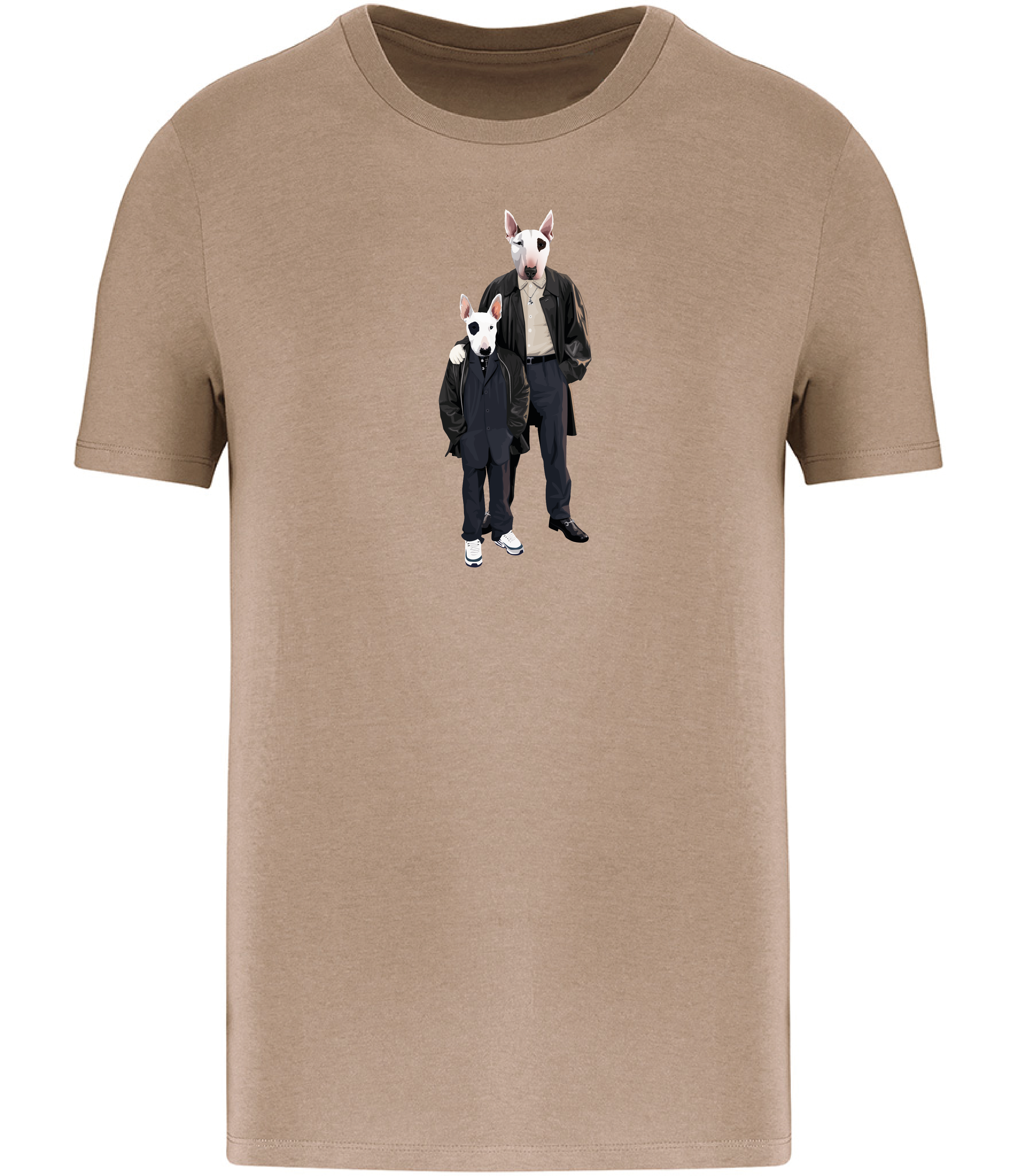 Sand Brown T-shirt printed with an adult and boy English Bull Terrier Dogs wearing suits and leather jackets