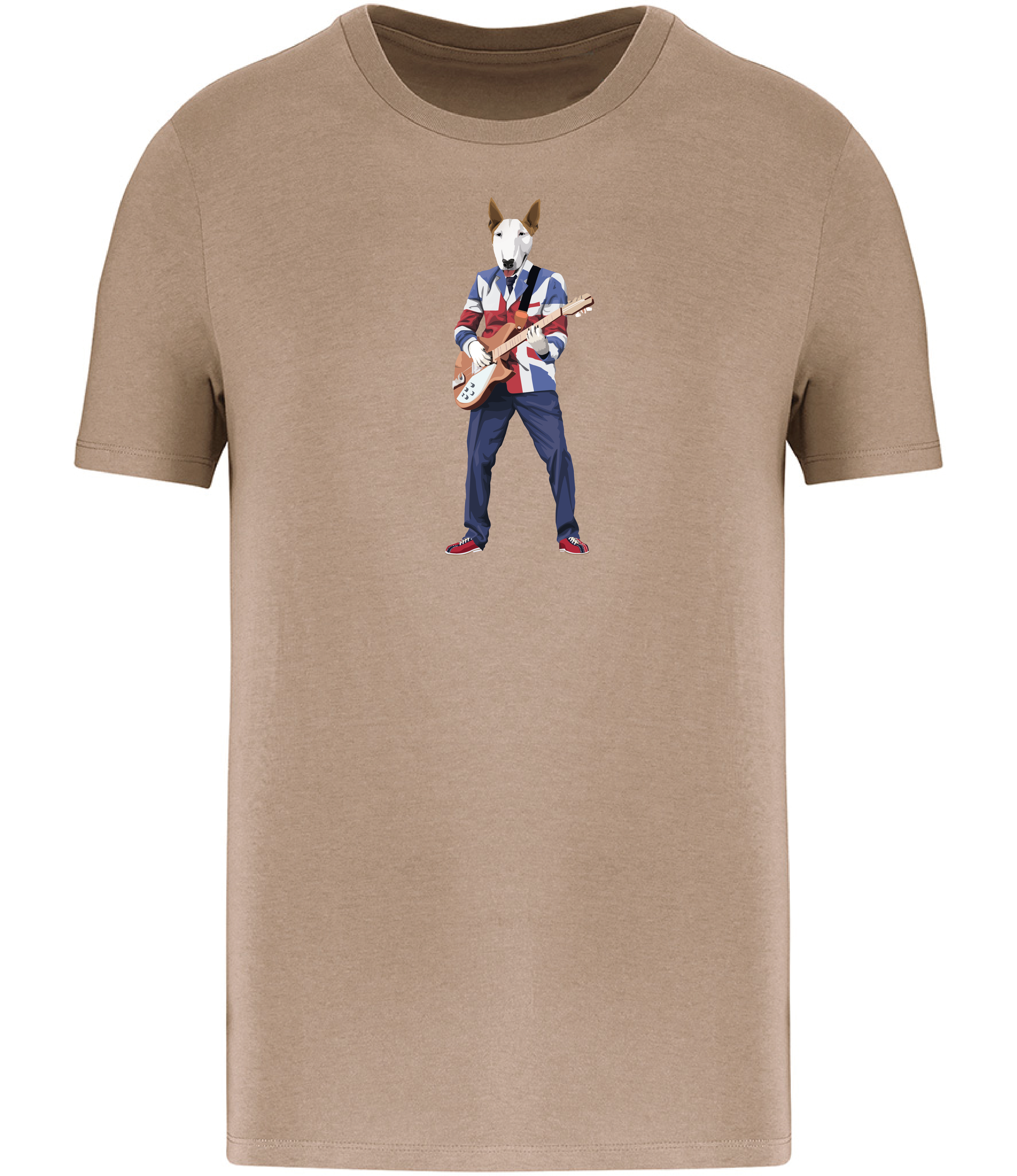 Sand Brown T-shirt printed with an English Bull Terrier Dog wearing a Union Jack jacket playing a guitar