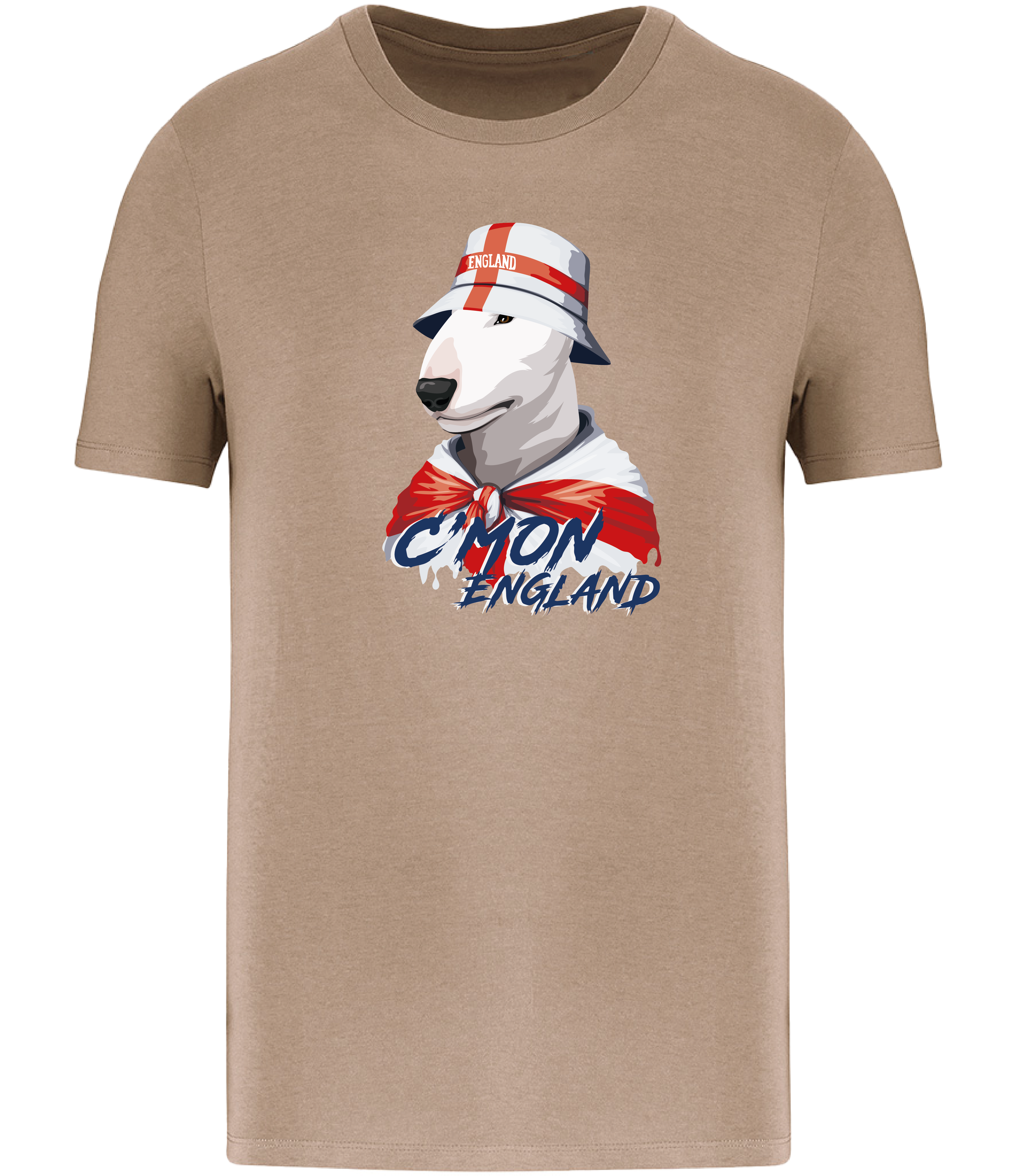 Sand Brown T-shirt printed by Ronnies Casuals with English Bull Terrier Dog wearing a St Georges flag hat and scarf.  The words C'mon England printed underneath