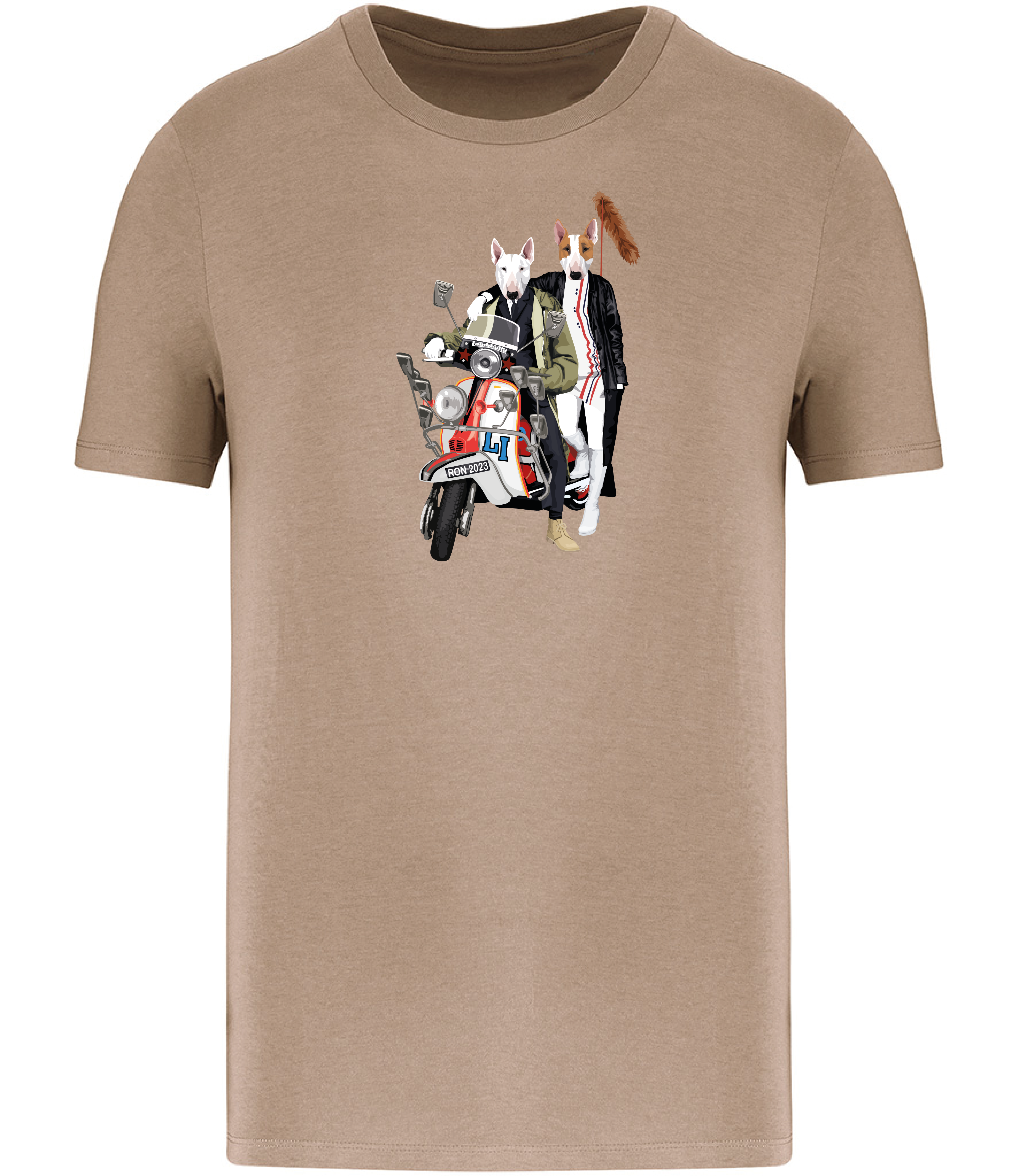 San Brown T-shirt printed with a Boy and Girl English Bull Terrier Dogs Sitting on a classic Scooter with a foxtail on the back