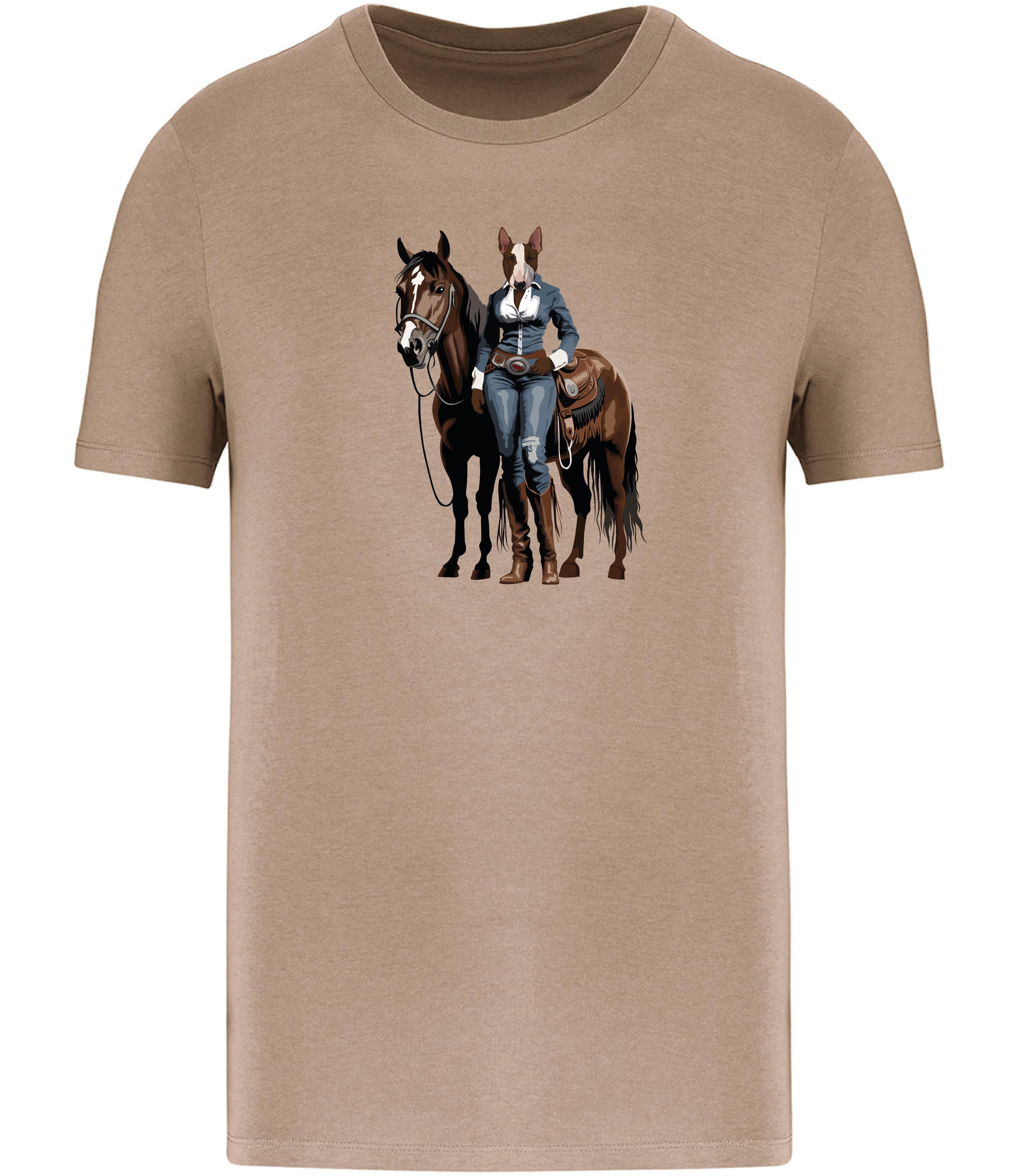 Sand Brown T-shirt printed with and English Bull Terrier Dog dressed in denim western clothing with a horse in western style