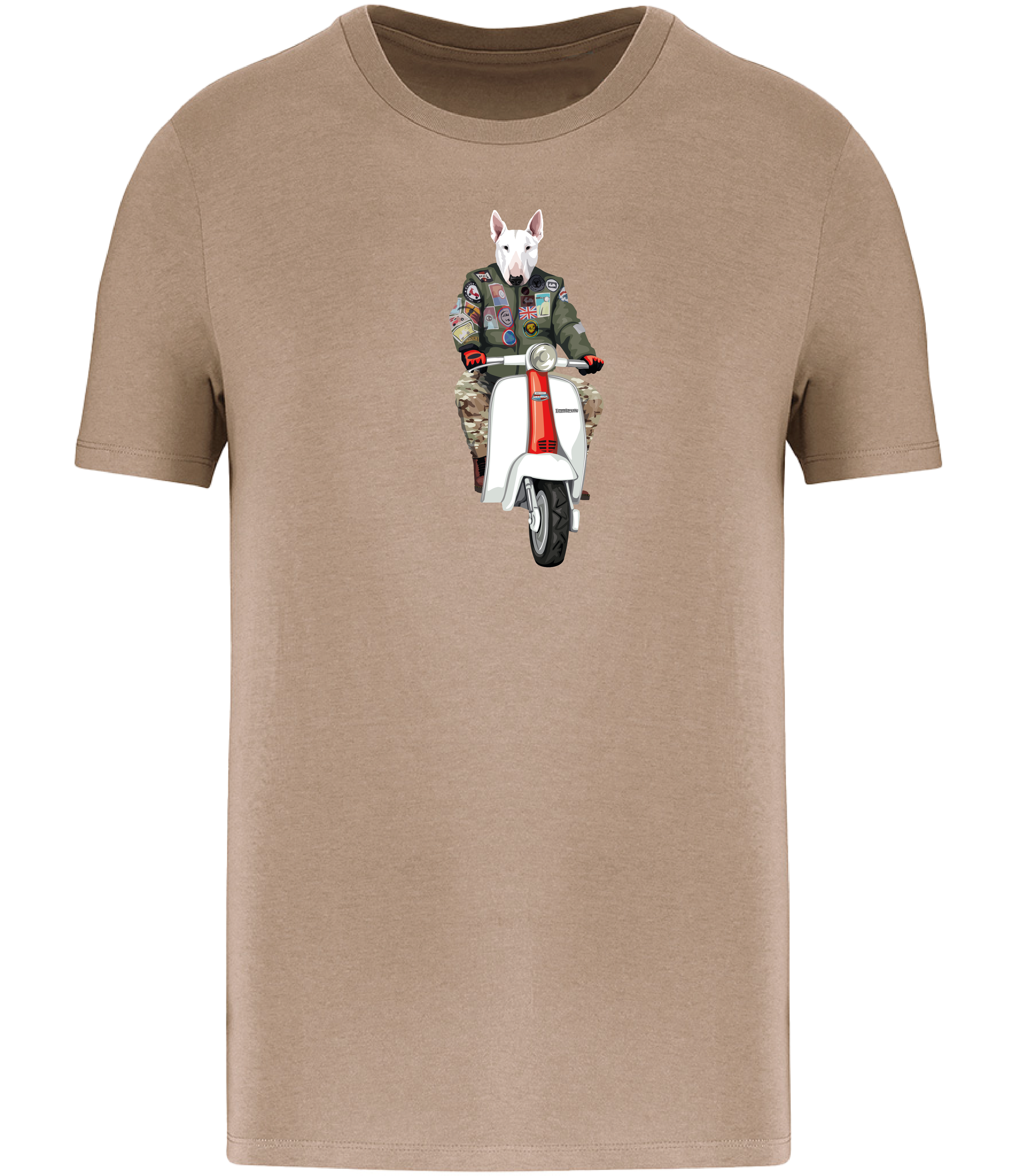 San Brown T-shirt printed with an English Bull Terrier Dog wearing a flight jacket riding a Scooter 