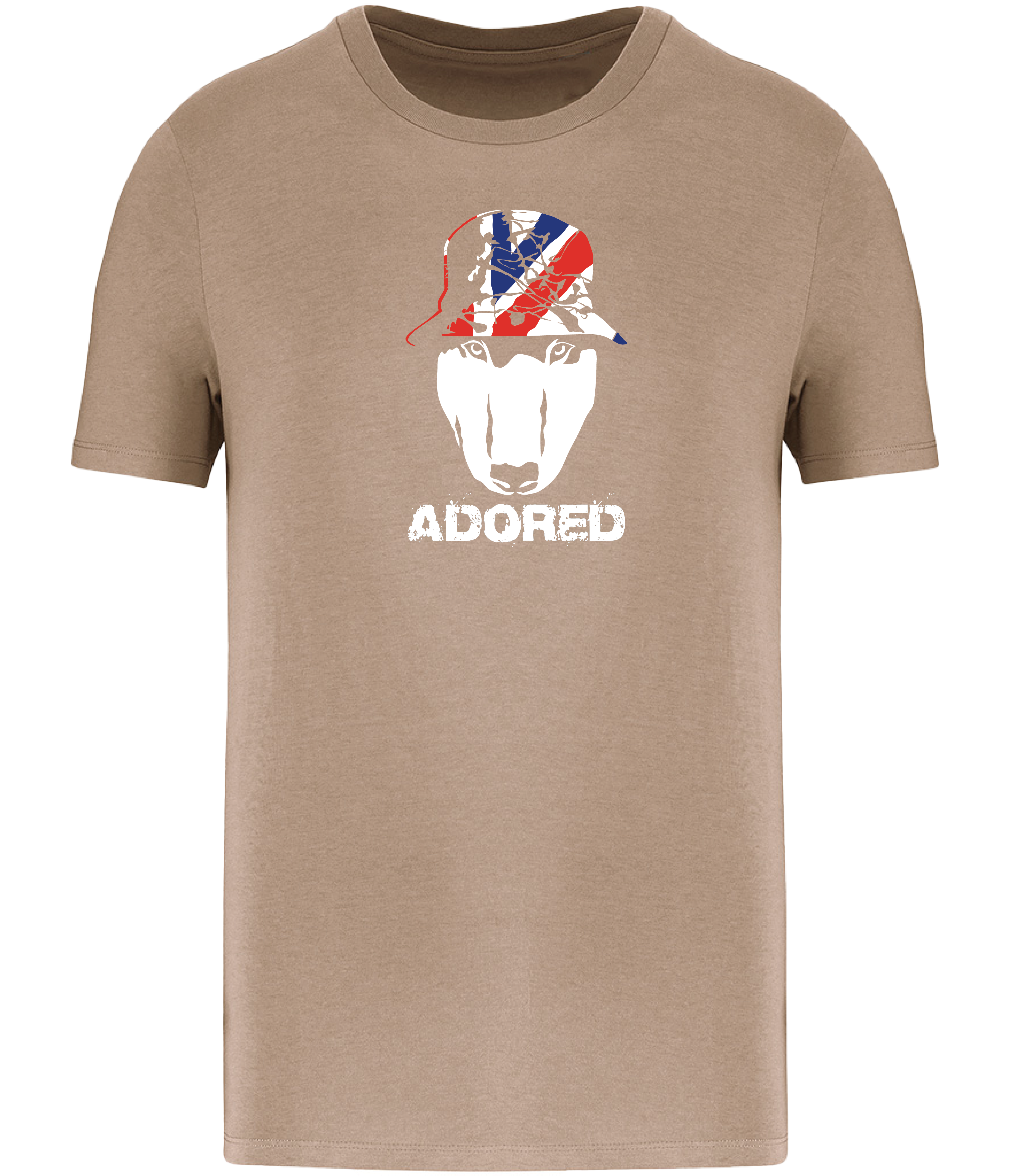 Sand colour t-shirt with short sleeves and a crew neckline featuring an English Bull Terrier face design wearing a union jack hat and the word Adored underneath