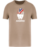 Sand colour t-shirt with short sleeves and a crew neckline featuring an English Bull Terrier face design wearing a union jack hat