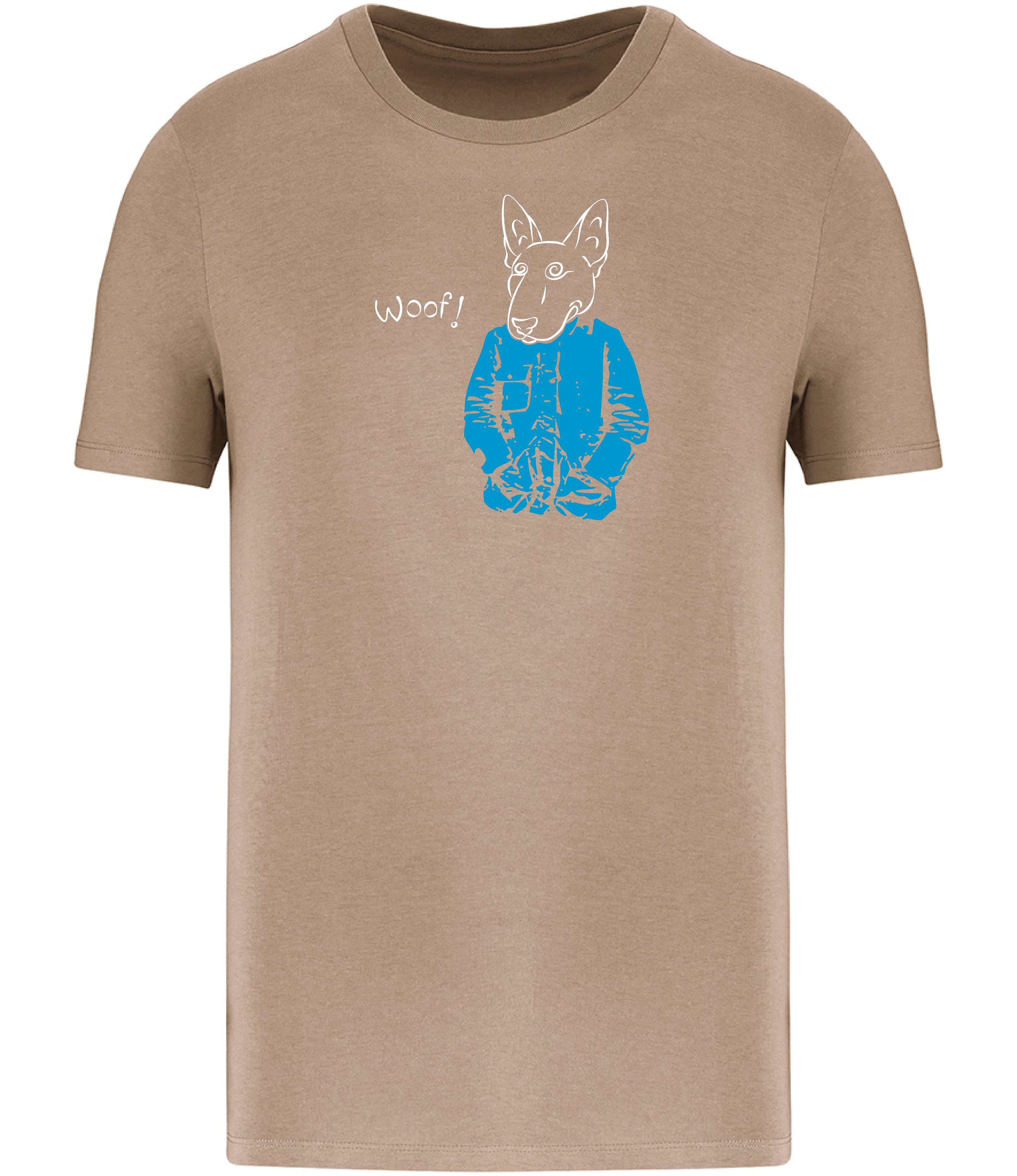 Sand Brown T-shirt printed with a drawing of an English Bull Terrier Dog wearing a blue jacket and the word woof 