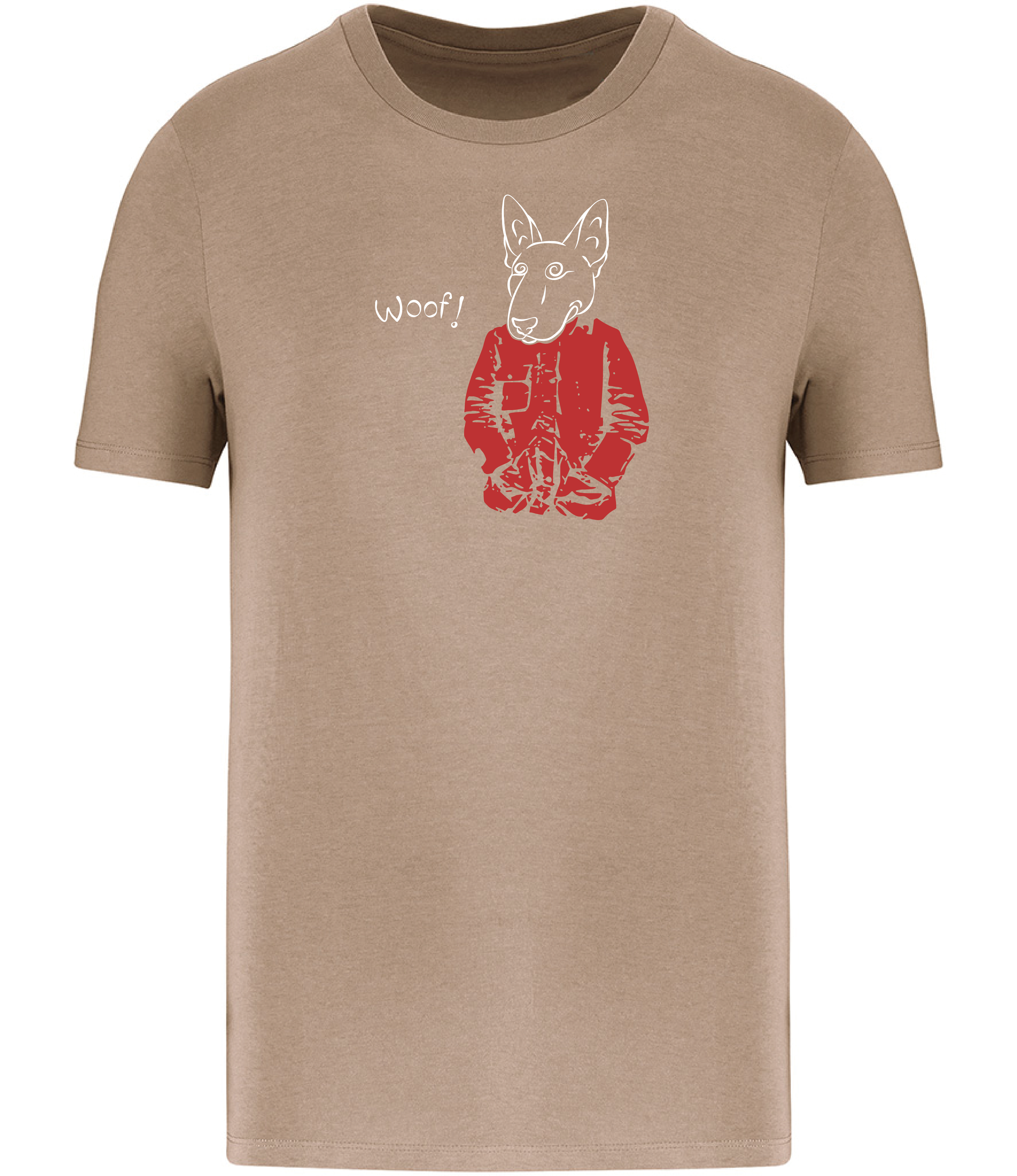Sand Brown T-shirt printed with a drawing of an English Bull Terrier Dog wearing a Red jacket and the word woof 