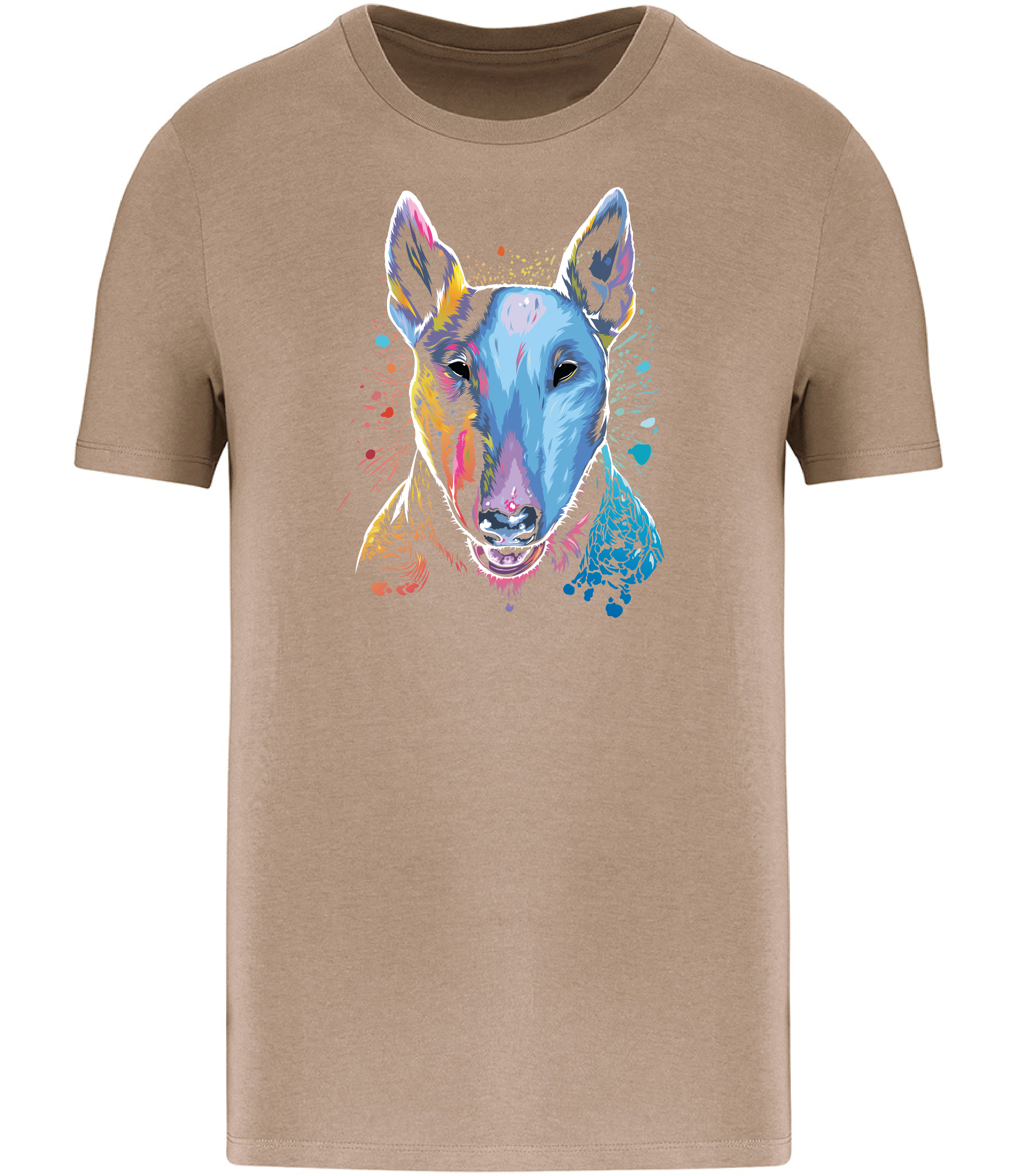 Sand Brown T-shirt printed with an English Bull Terrier Dog face in bright colours and paint splashes 