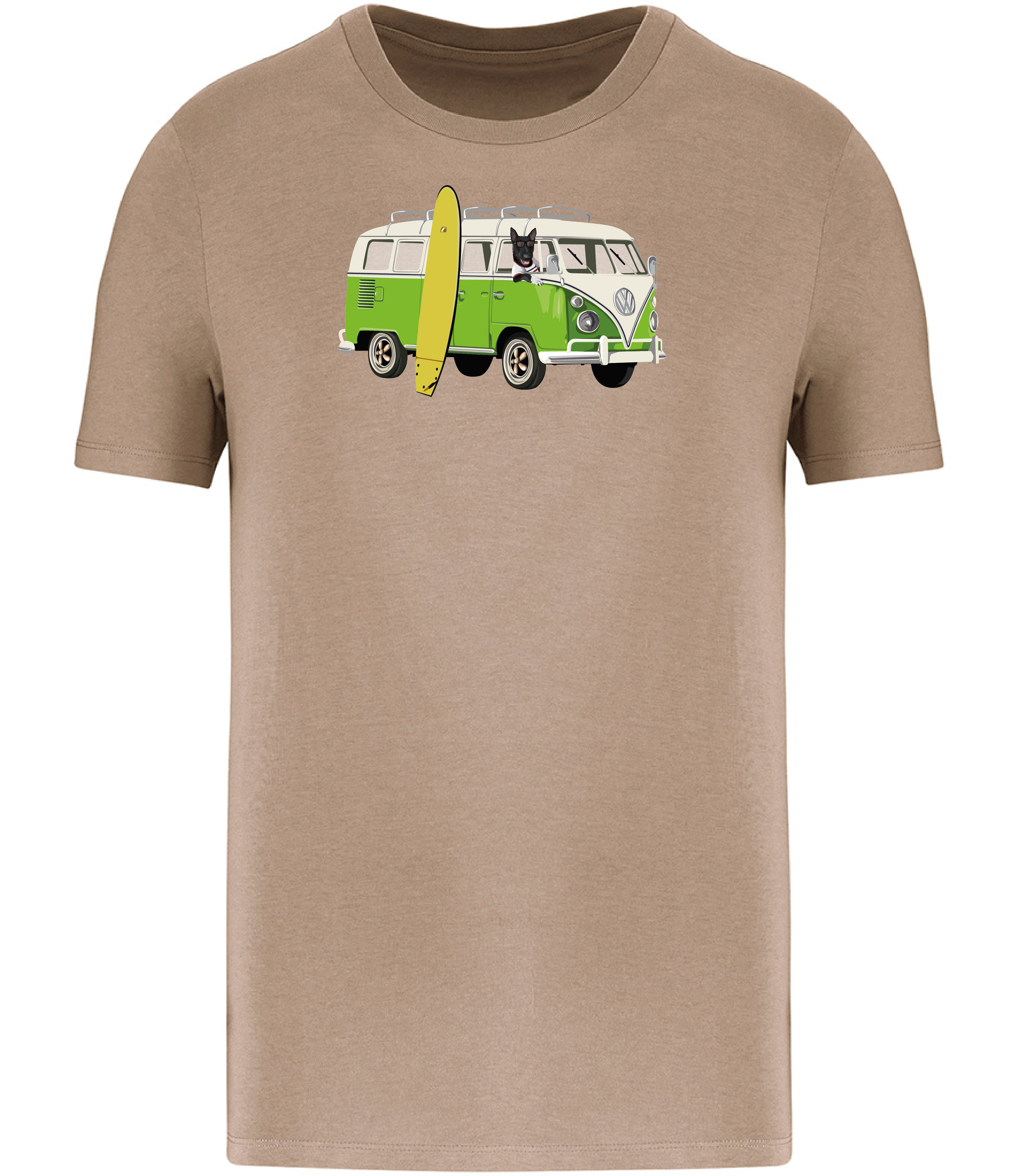 Sand Brown T-shirt printed with and English Bull Terrier Dog in a camper van with a surf board