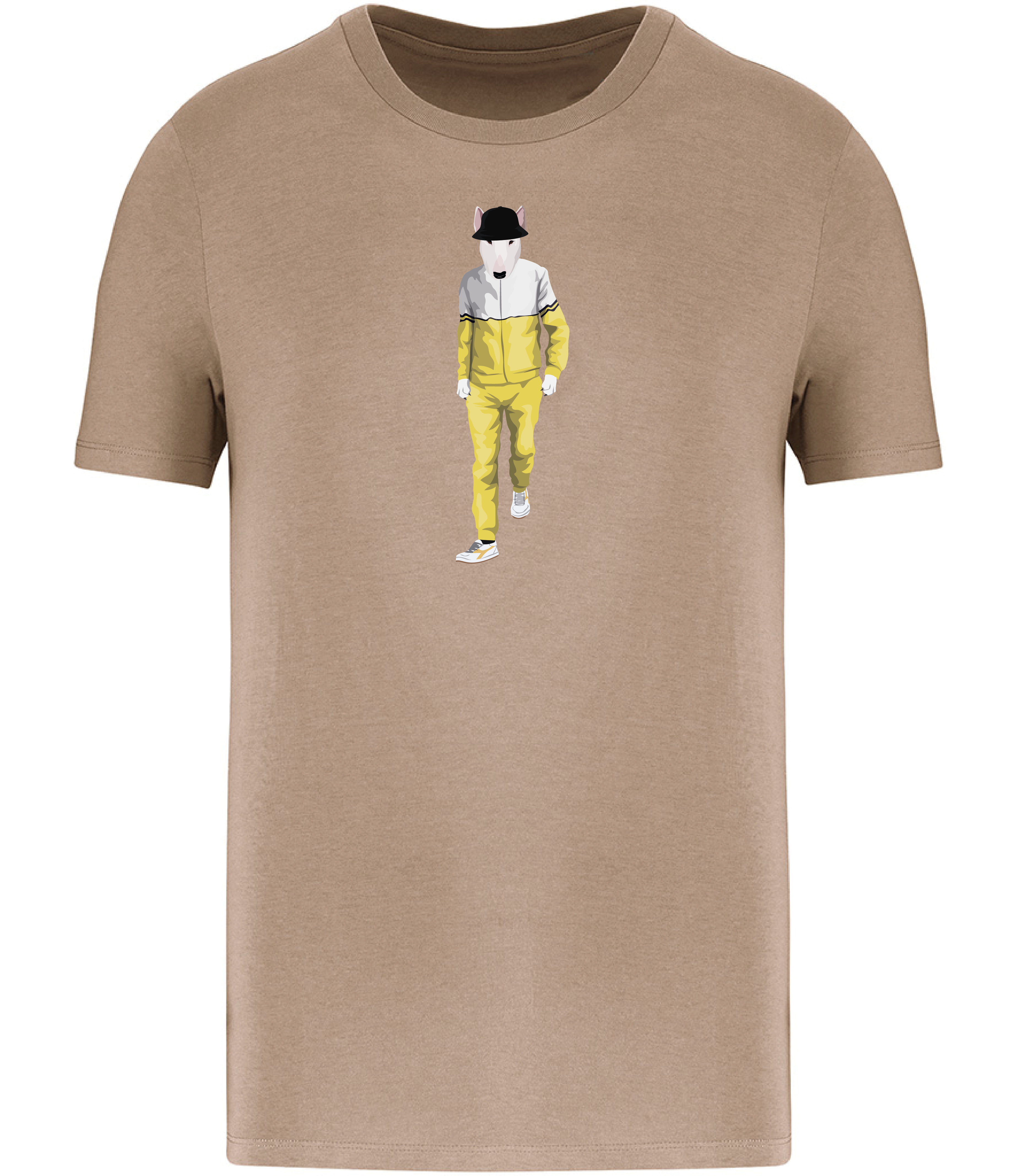 Sand Brown T-shirt printed with an English Bull terrier Dog wearing a yellow and white tracksuit, trainers and a black bucket hat