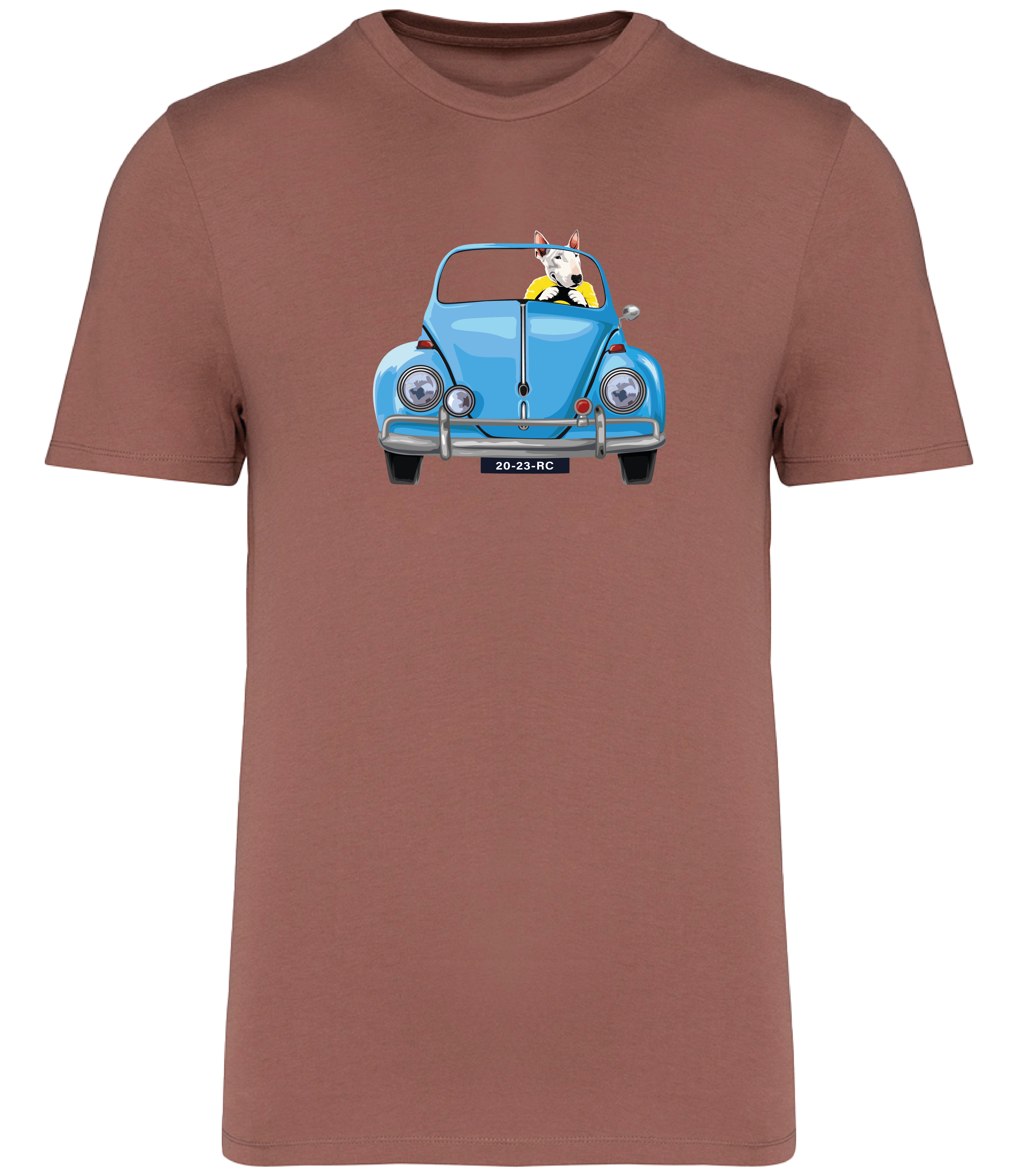 Sienna T-shirt printed with an English Bull Terrier Dog wearing a yellow top driving a Blue Beetle Car