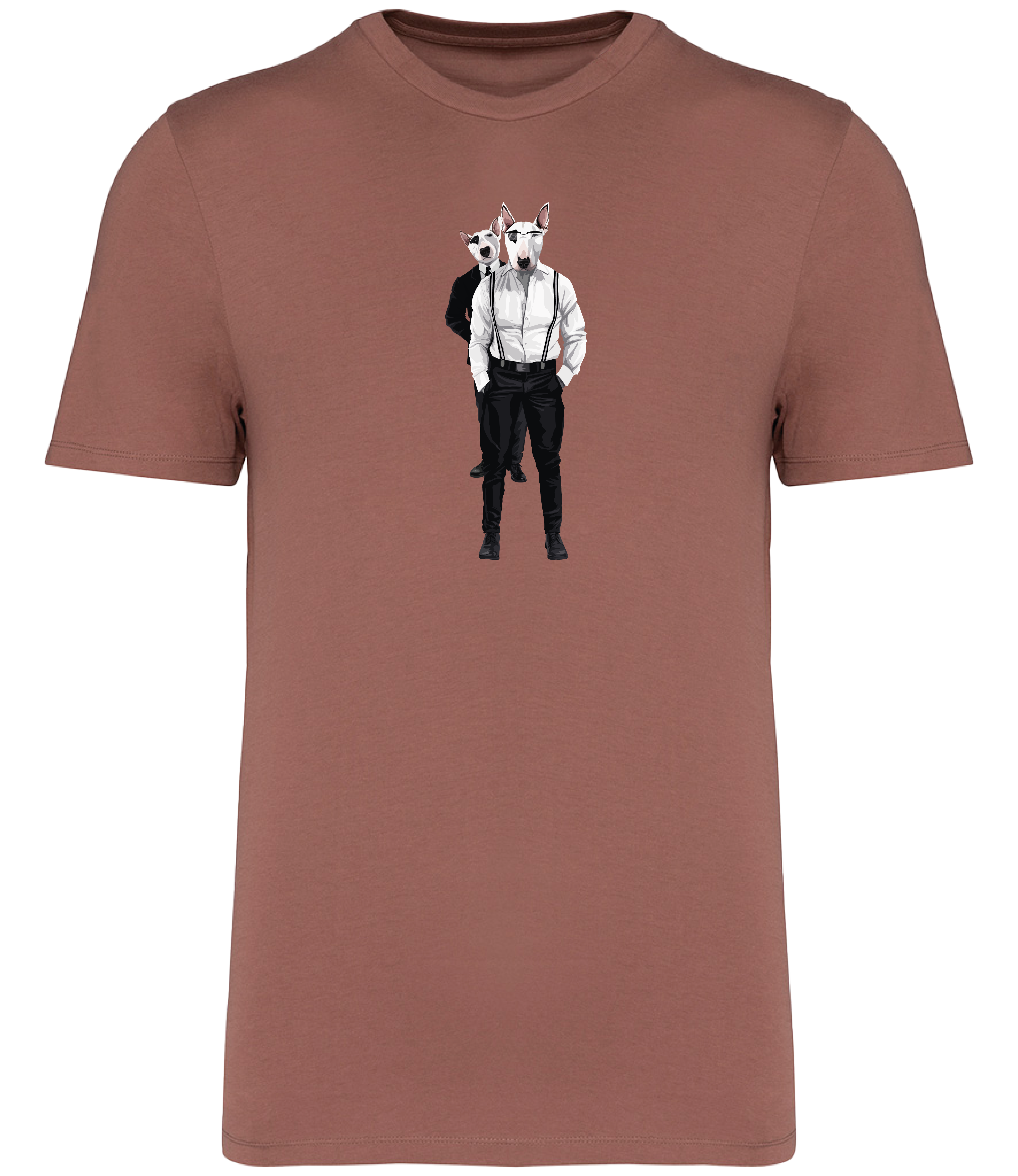 Sienna T-shirt printed with 2 English Bull Terriers wearing suits and braces. One wearing glasses and the other one is looking over his shoulder.