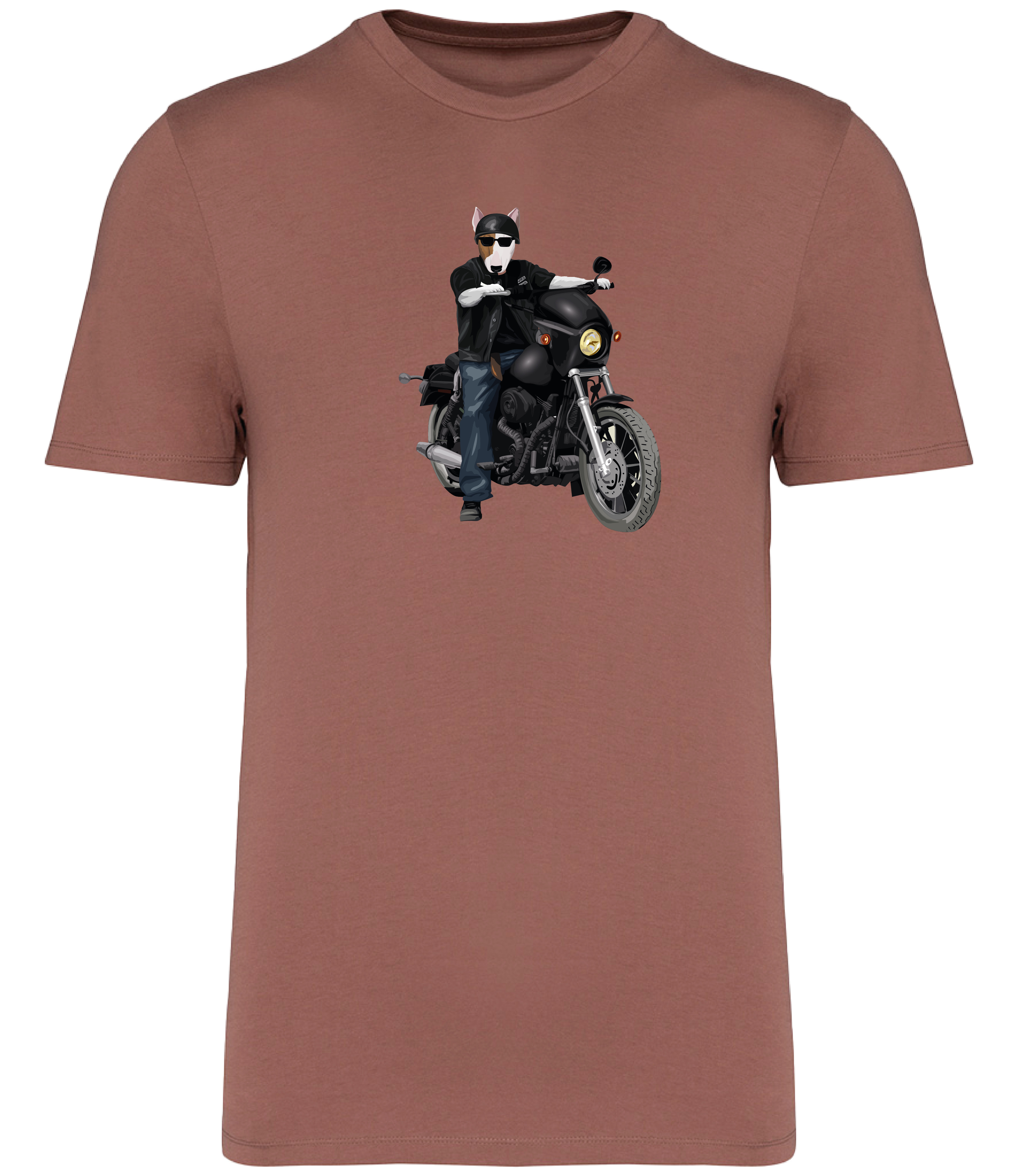 Sienna T-shirt printed with an English Bull Terrier Dog riding a motorbike wearing a helmet