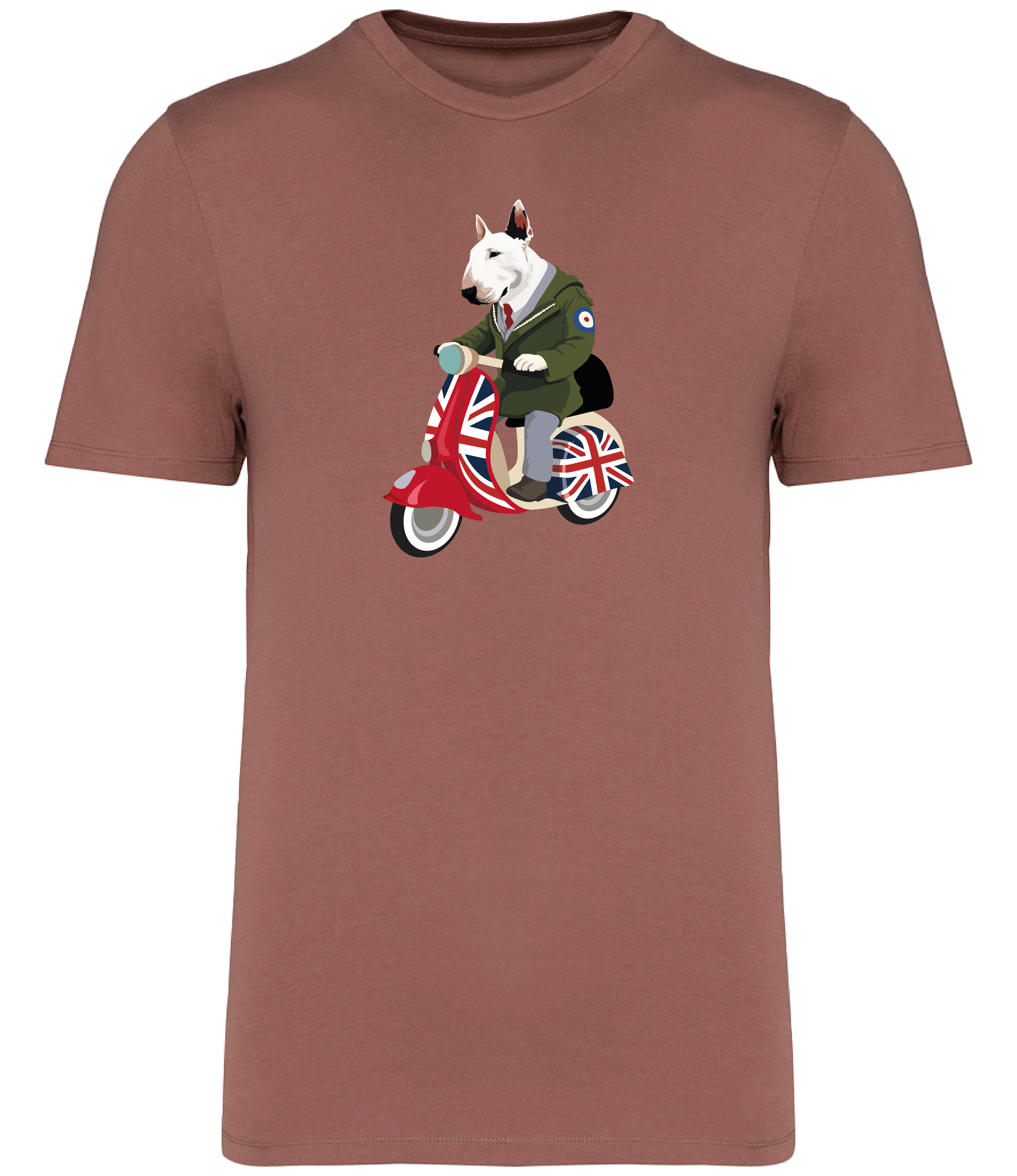 Sienna T-shirt printed with and English Bull Terrier Dog wearing a parka coat riding a scooter painted in Union Jack colours