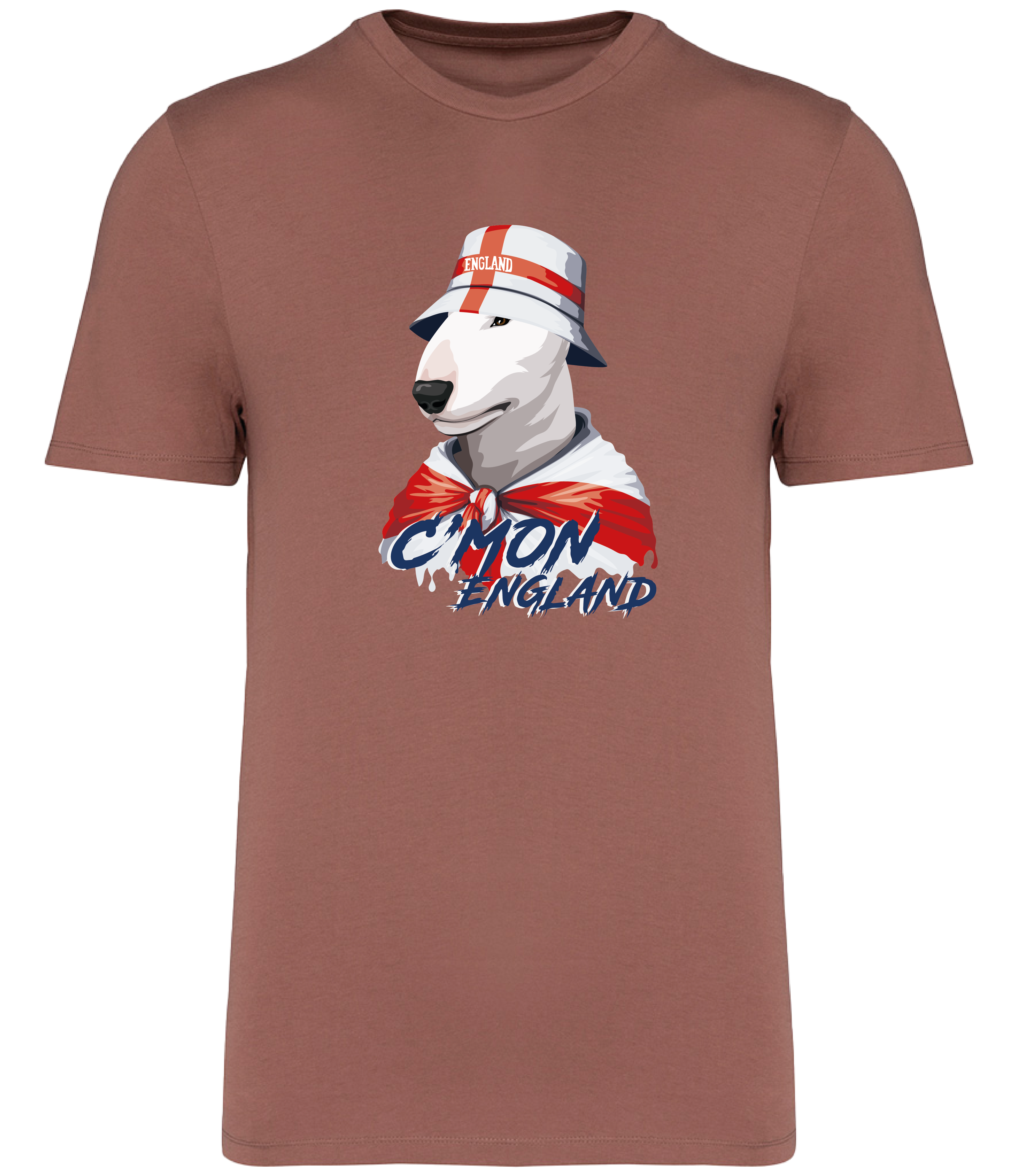 Sienna T-shirt printed by Ronnies Casuals with English Bull Terrier Dog wearing a St Georges flag hat and scarf.  The words C'mon England printed underneath