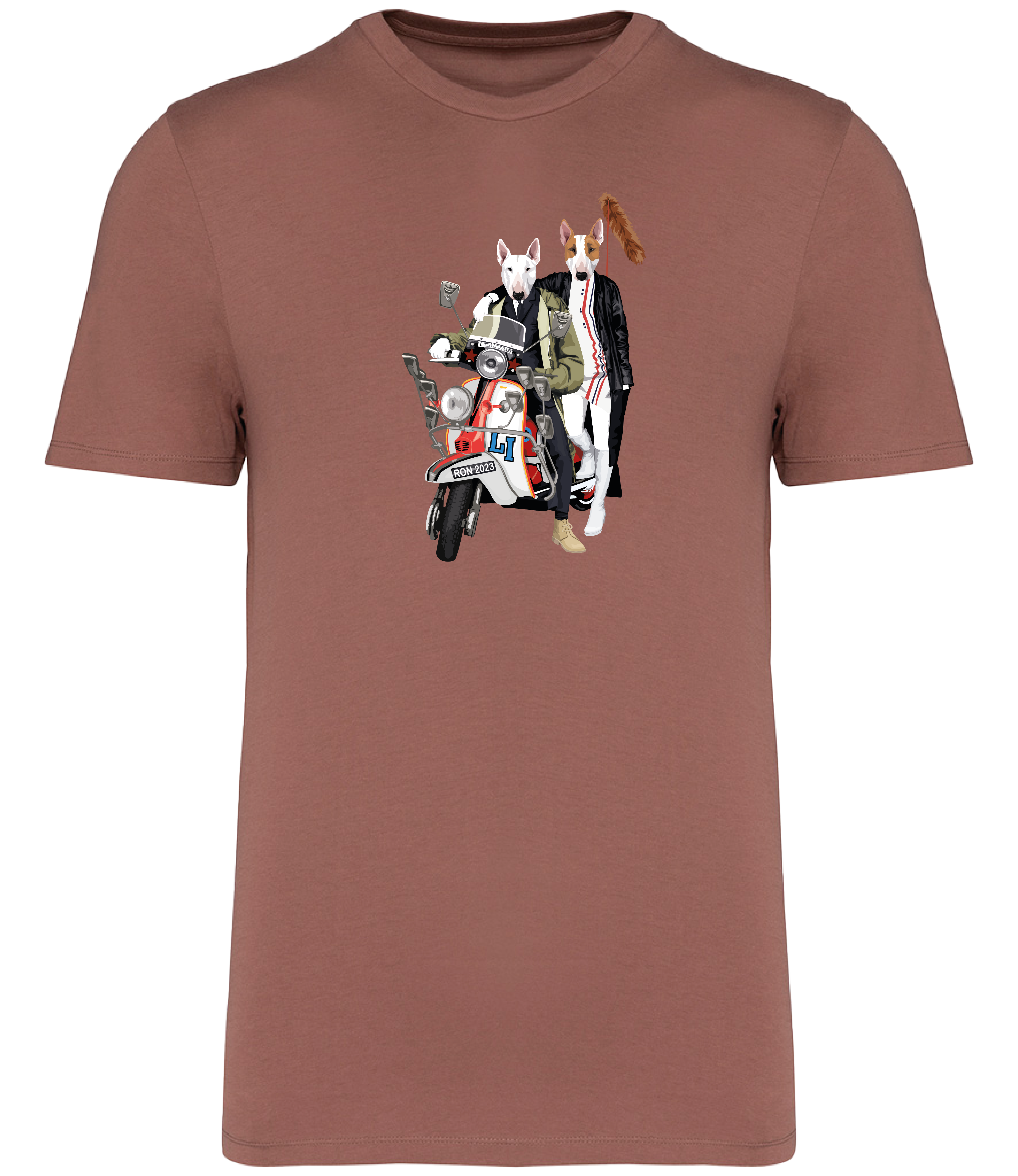 Sienna T-shirt printed with a Boy and Girl English Bull Terrier Dogs Sitting on a classic Scooter with a foxtail on the back