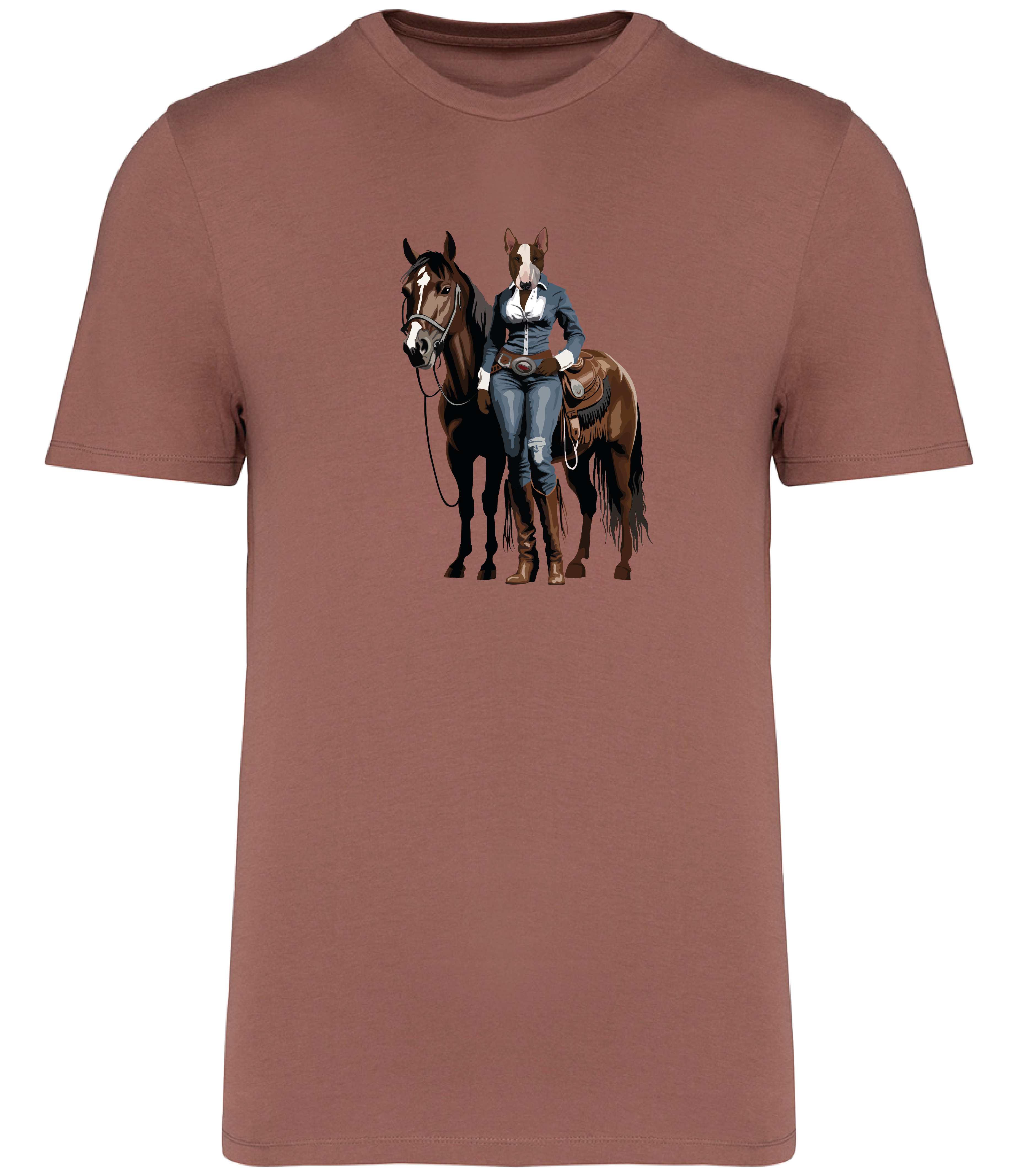 Sienna T-shirt printed with and English Bull Terrier Dog dressed in denim western clothing with a horse in western style